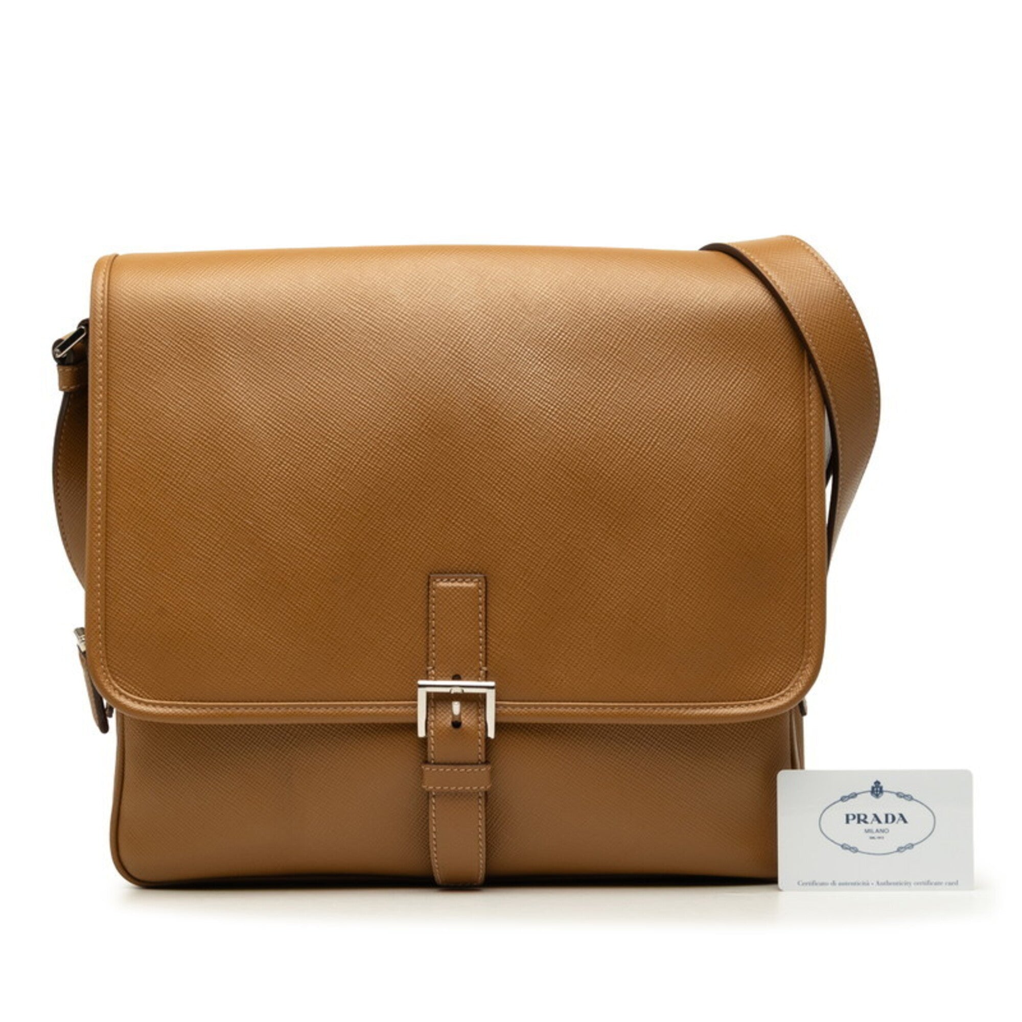Prada Brown Leather Messenger Bag Shoulder Bag (Pre-Owned)