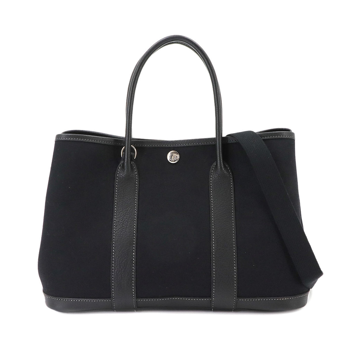 Hermes Black Toile Officier Leather Handbag Tote Bag (Pre-Owned)