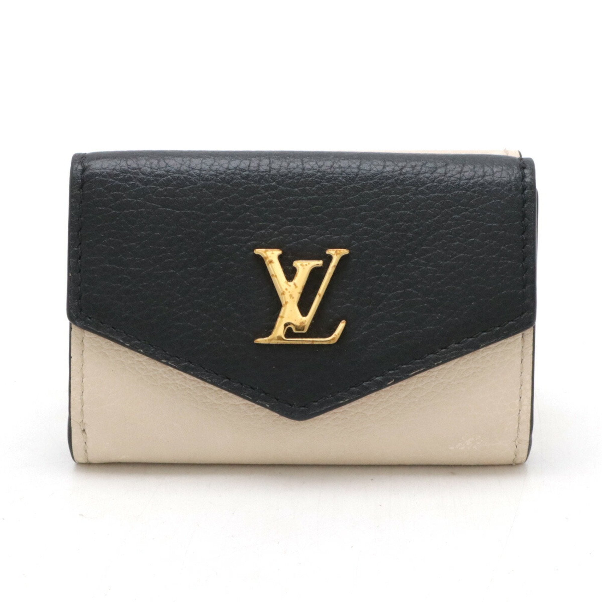 Louis Vuitton Beige Black Leather Wallet (Tri-Fold) (Pre-Owned)