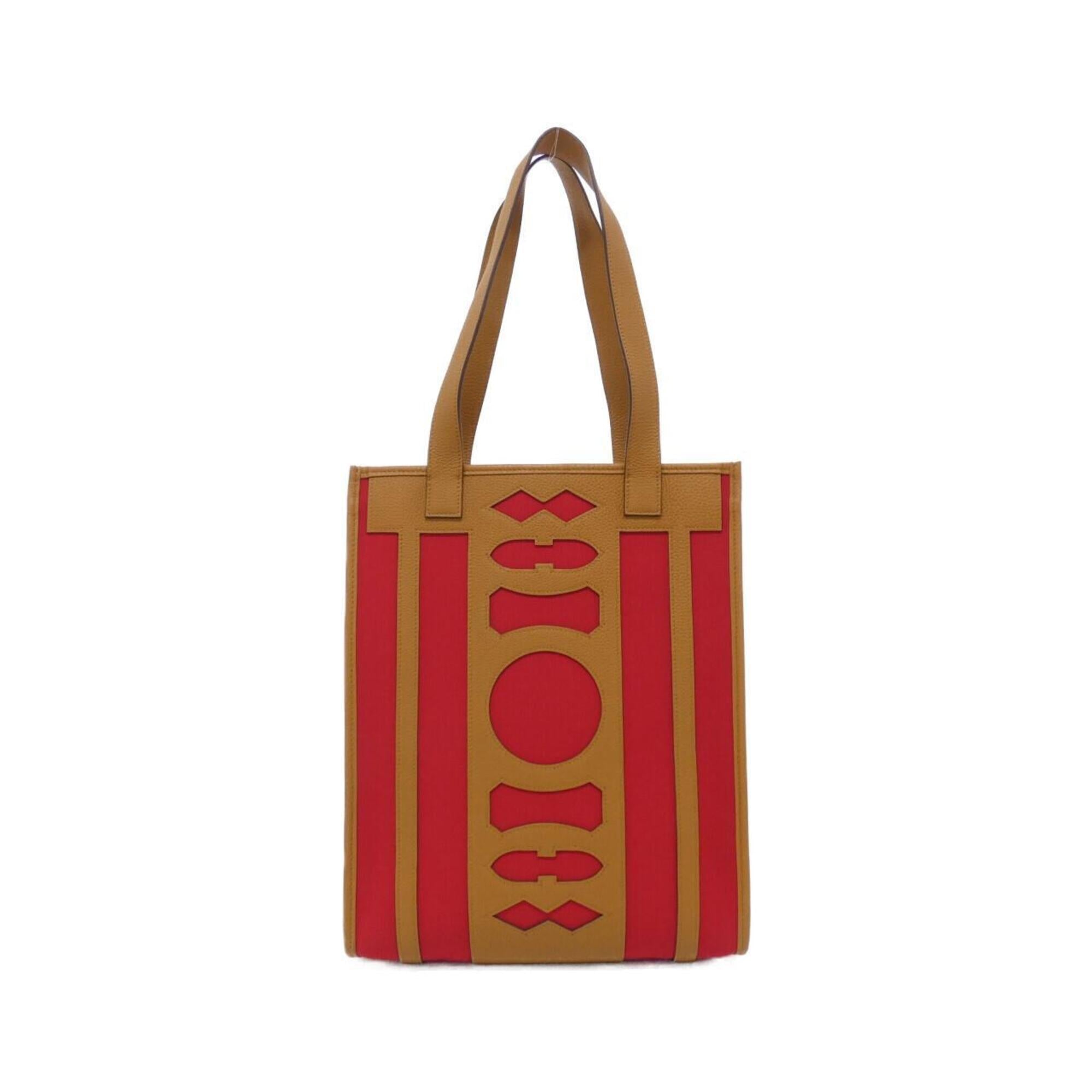 Hermes Beige Brown Red Color Canvas Togo Leather Handbag (Pre-Owned)