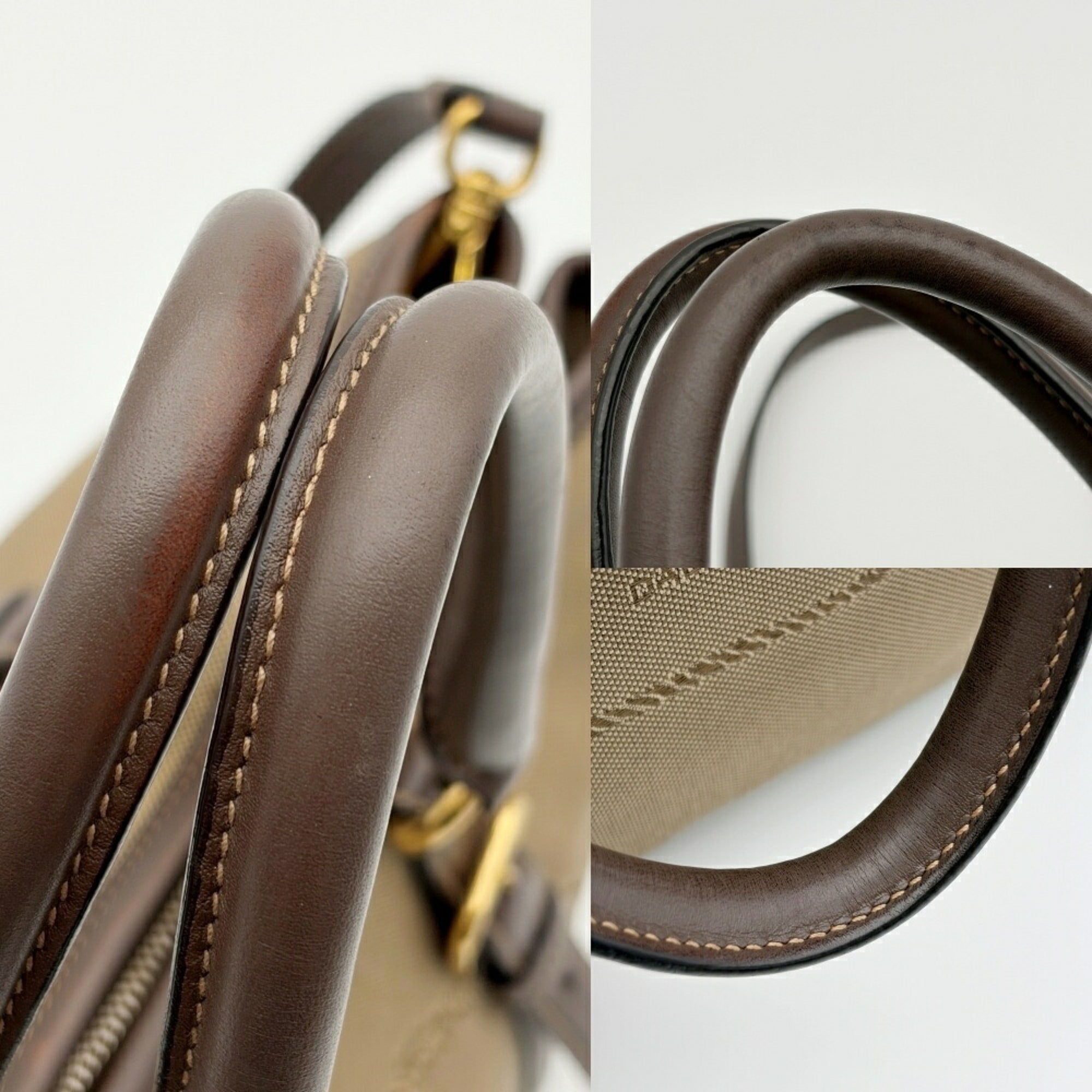 Prada Beige Dark Brown Canvas Leather Tote Bag (Pre-Owned)