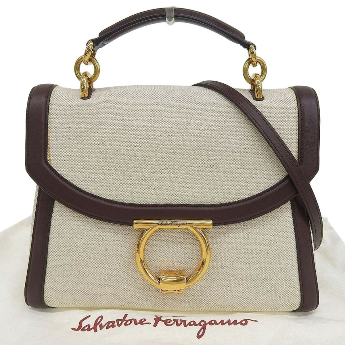 Salvatore Ferragamo Beige Brown Canvas Leather Handbag (Pre-Owned)