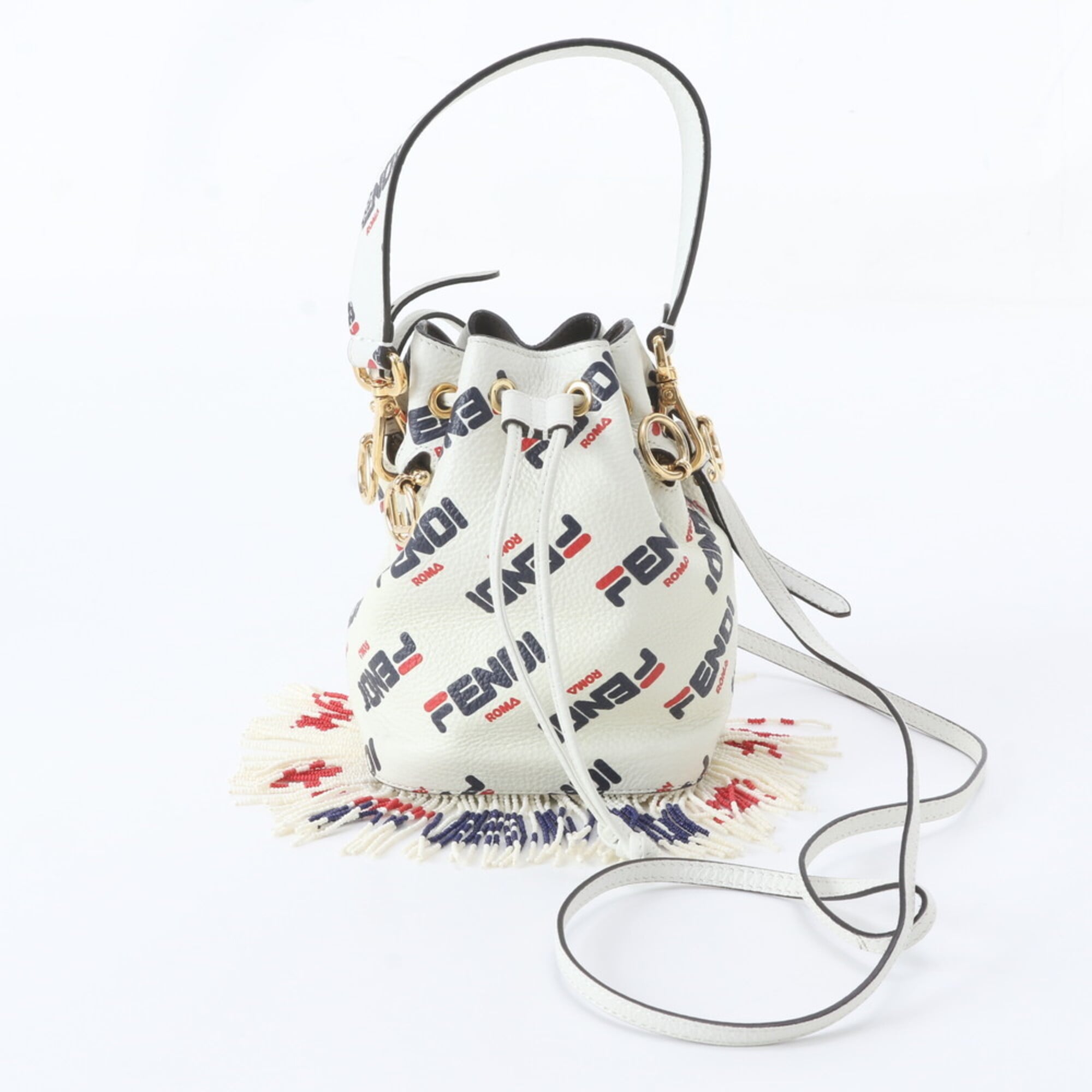 Fendi Navy Red Color White Leather Handbag Shoulder Bag (Pre-Owned)