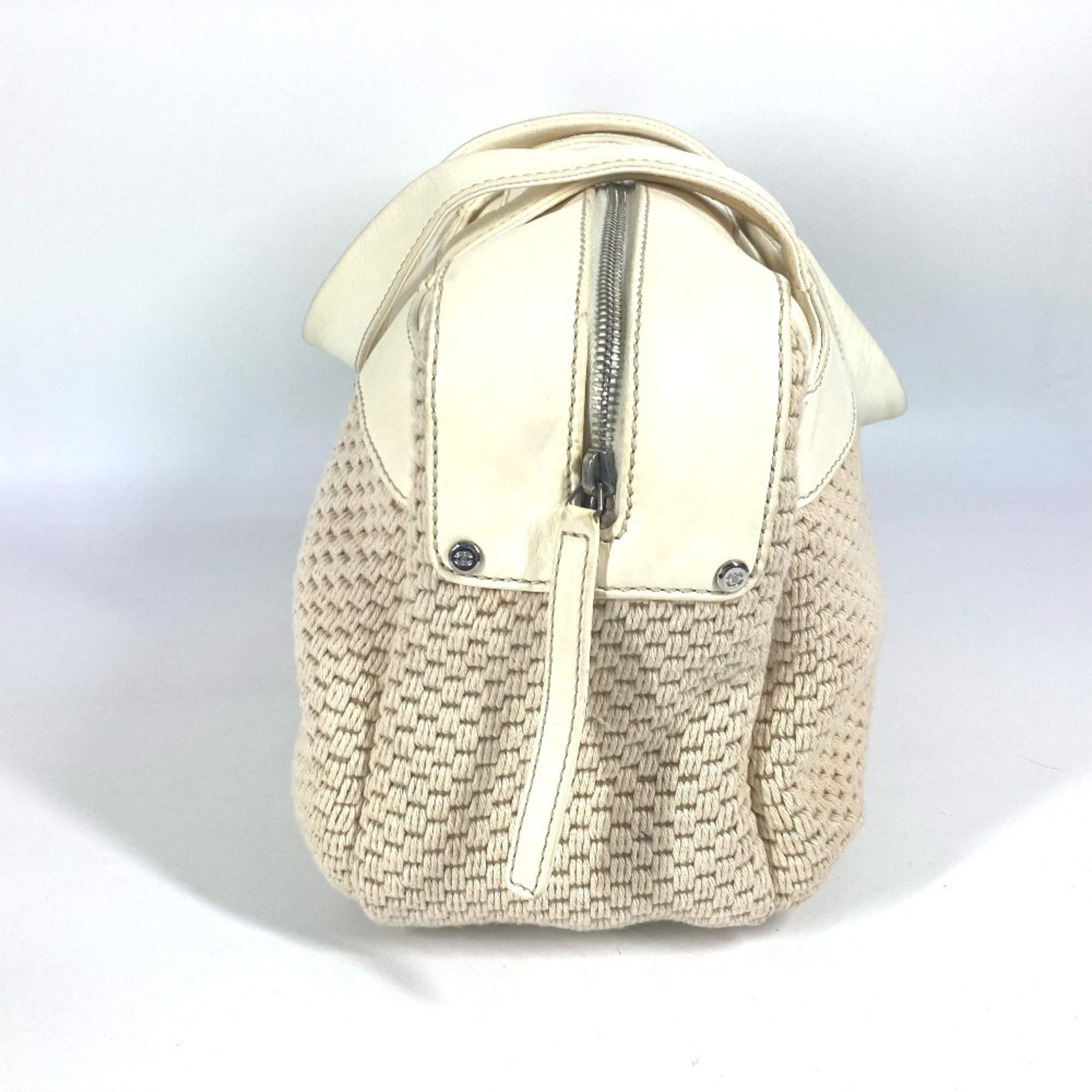 Chanel Beige White Leather Canvas Handbag Shoulder Bag Tote Bag (Pre-Owned)