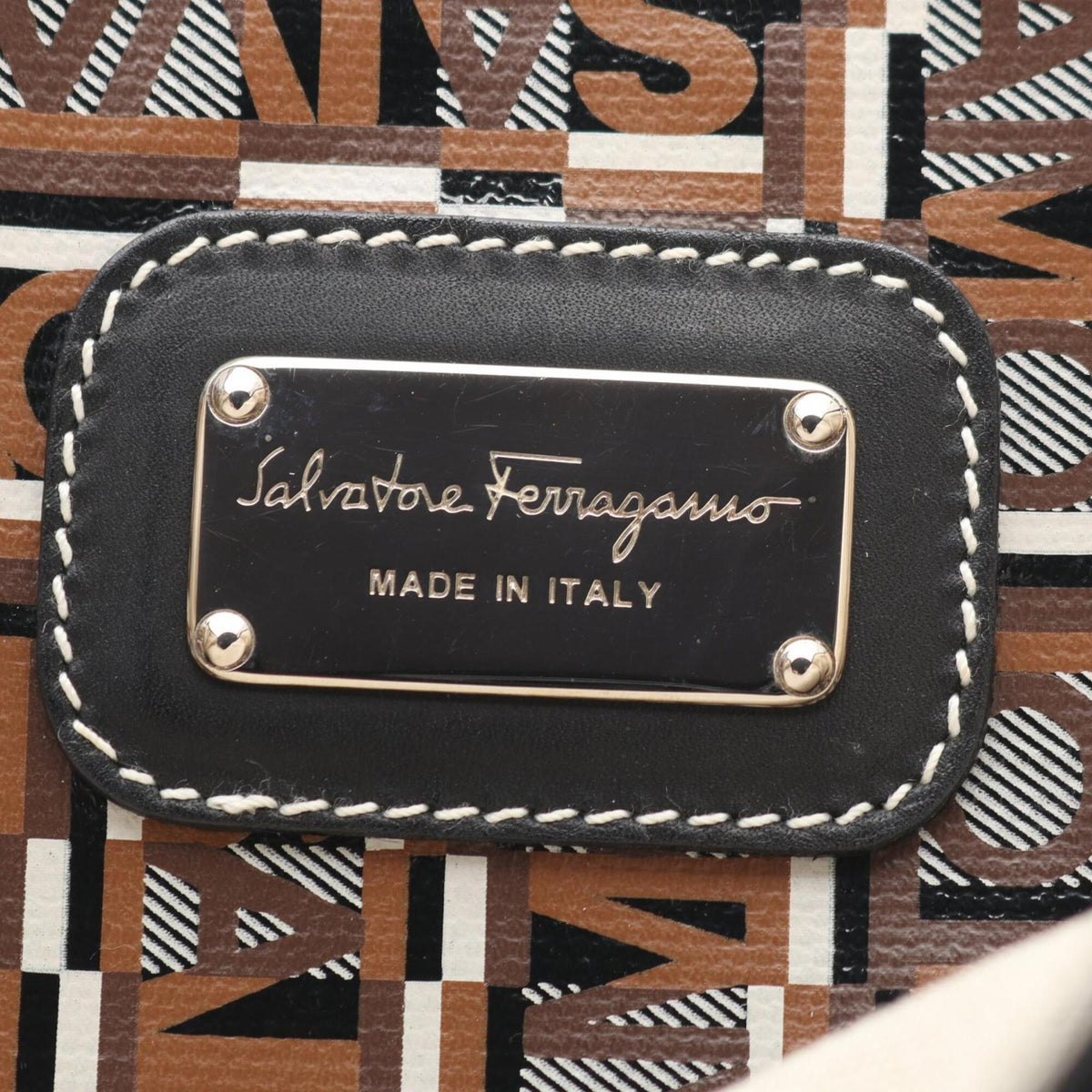 Salvatore Ferragamo Black Brown White Coated Canvas Leather Handbag Tote Bag (Pre-Owned)
