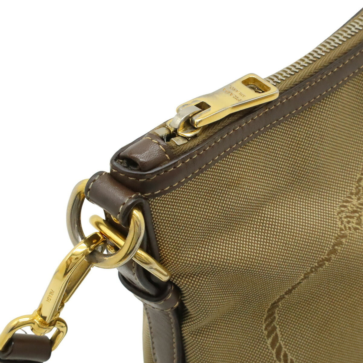 Prada Beige Dark Brown Khaki Canvas Leather Clutch Bag Shoulder Bag (Pre-Owned)