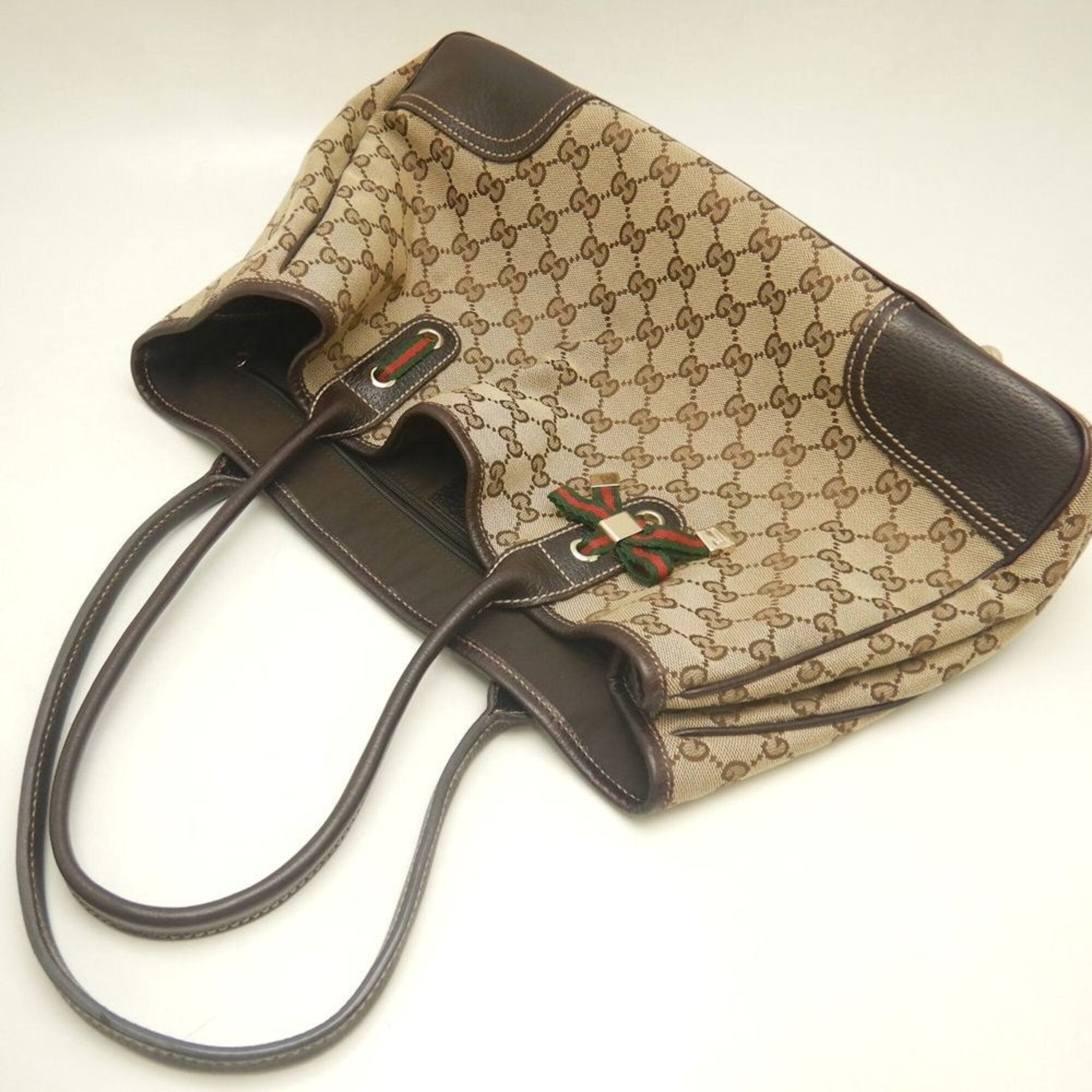 Gucci Gg Canvas Beige Brown Gg Canvas Leather Tote Bag (Pre-Owned)