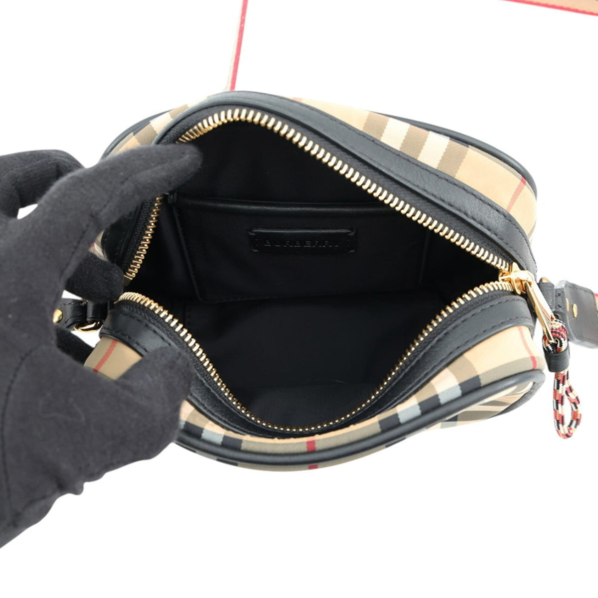 Burberry Beige Black Red Color Nylon Leather Handbag Shoulder Bag (Pre-Owned)