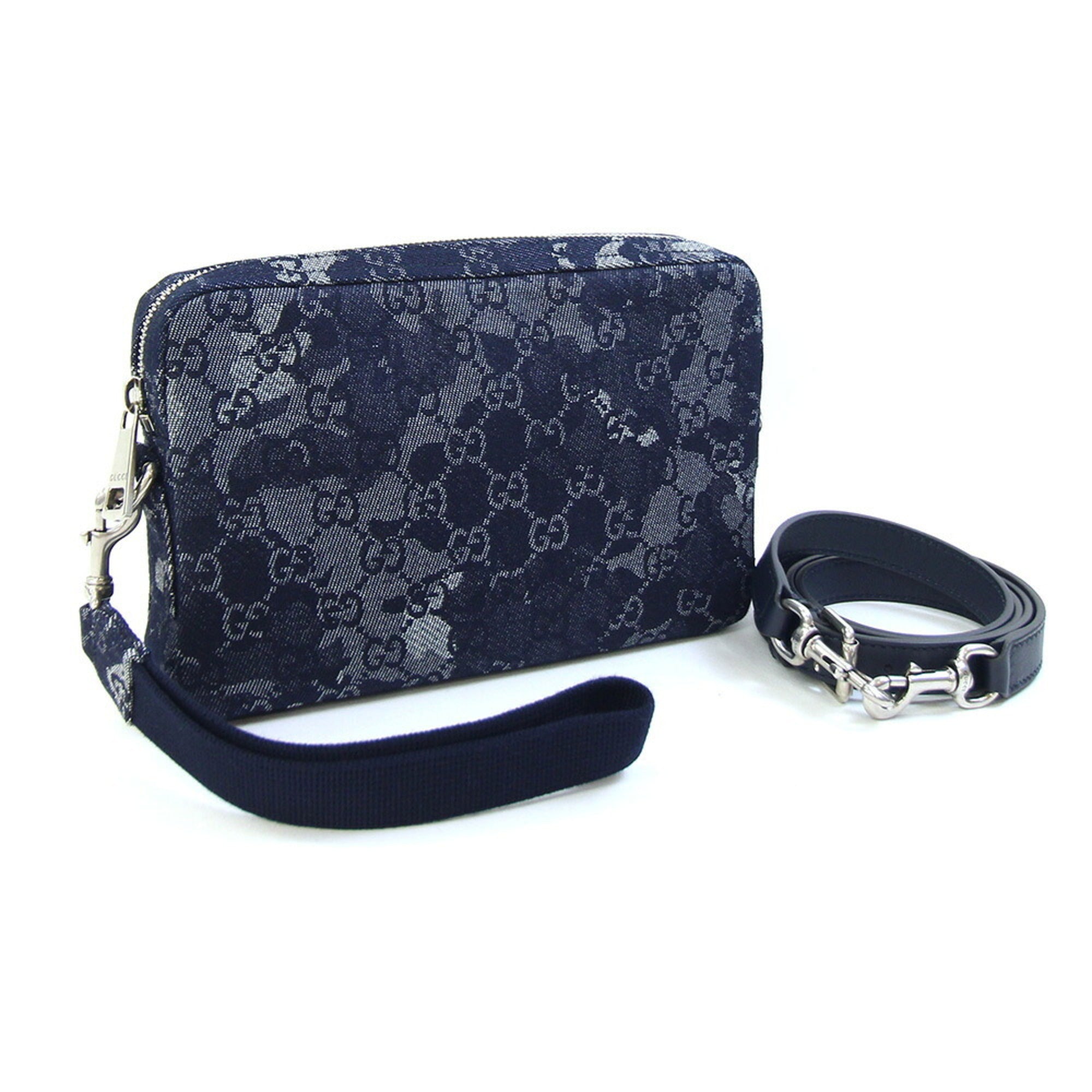 Gucci Dark Blue Navy Denim Leather Clutch Bag Shoulder Bag (Pre-Owned)