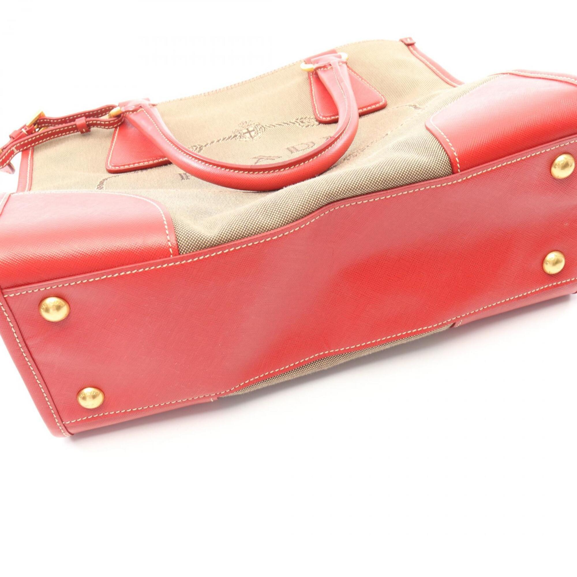 Prada Beige Red Color Canvas Leather Handbag (Pre-Owned)