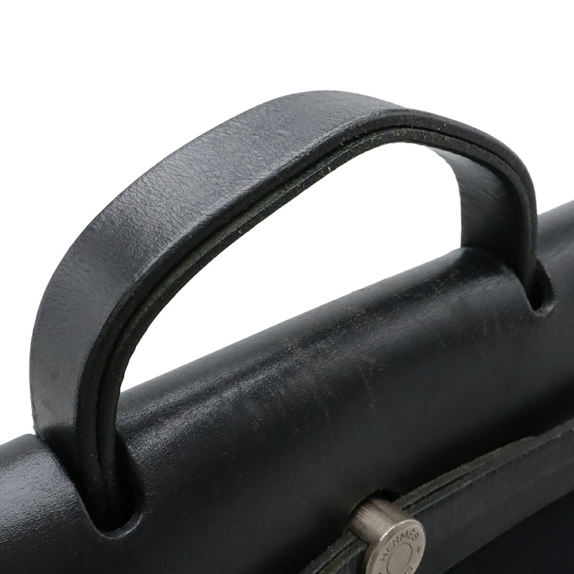 Hermes Her Bag Black Toile Officier Leather Handbag Shoulder Bag (Pre-Owned)