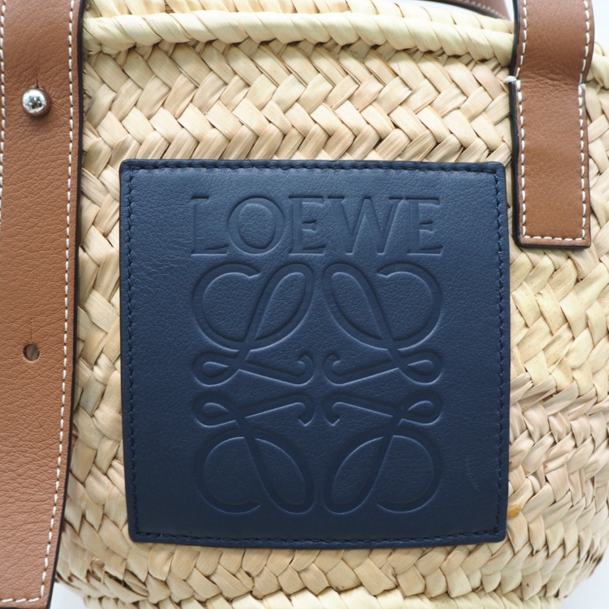 Loewe Beige Brown Navy Raffia Leather Basket Handbag (Pre-Owned)