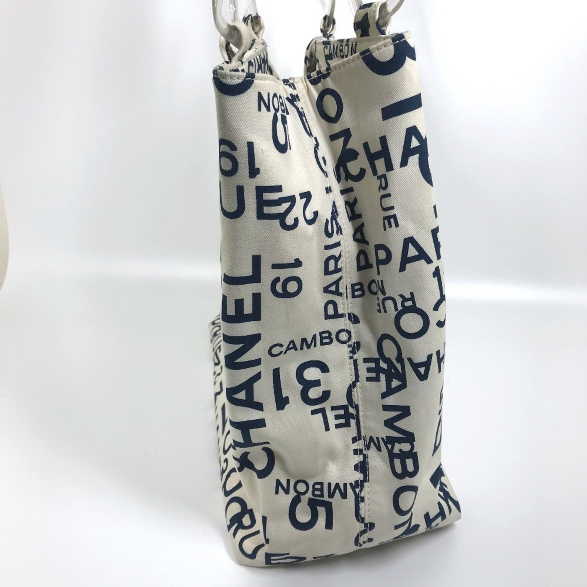 Chanel Navy White Canvas Shoulder Bag Tote Bag (Pre-Owned)