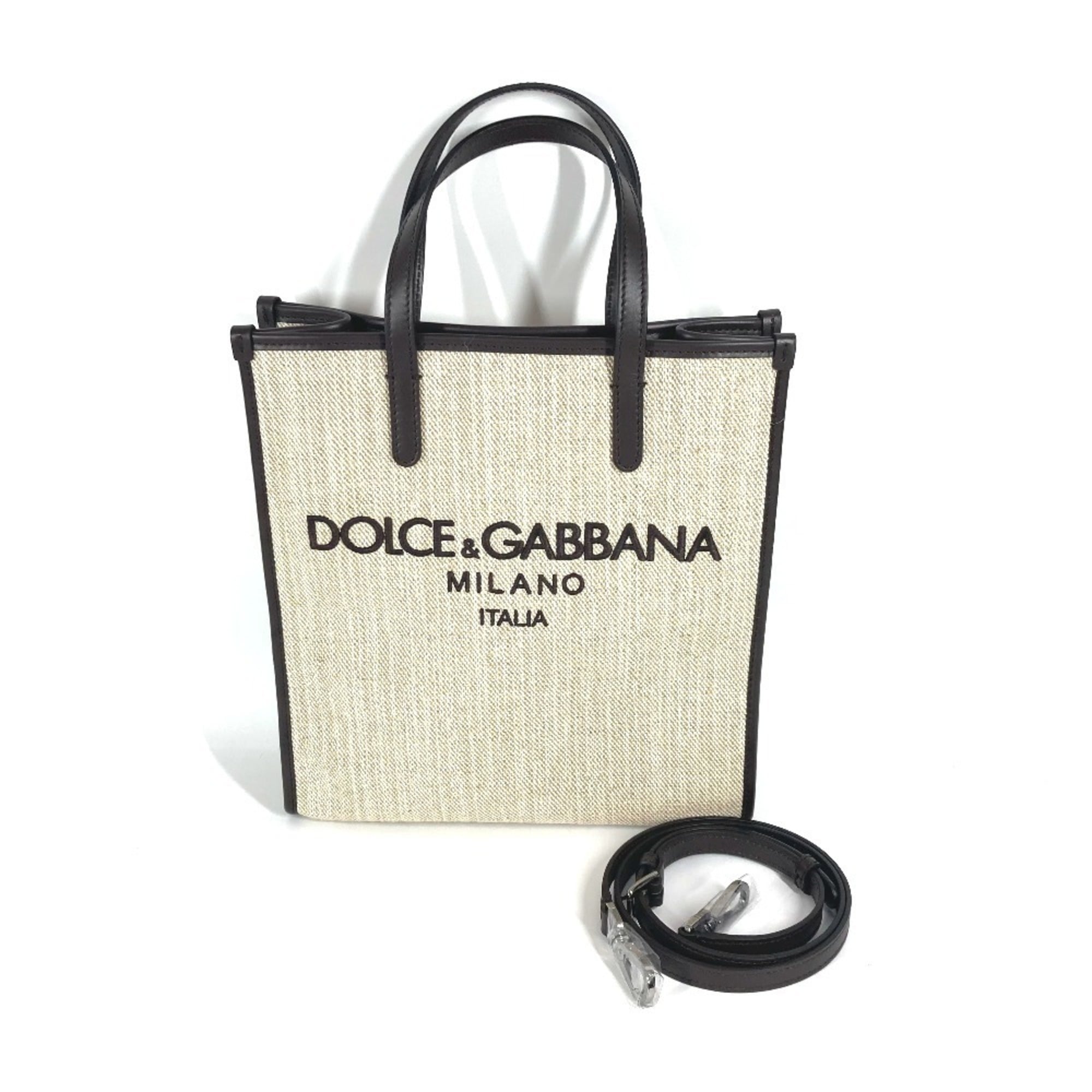 Dolce & Gabbana Beige Brown Canvas Leather Shoulder Bag Tote Bag (Pre-Owned)