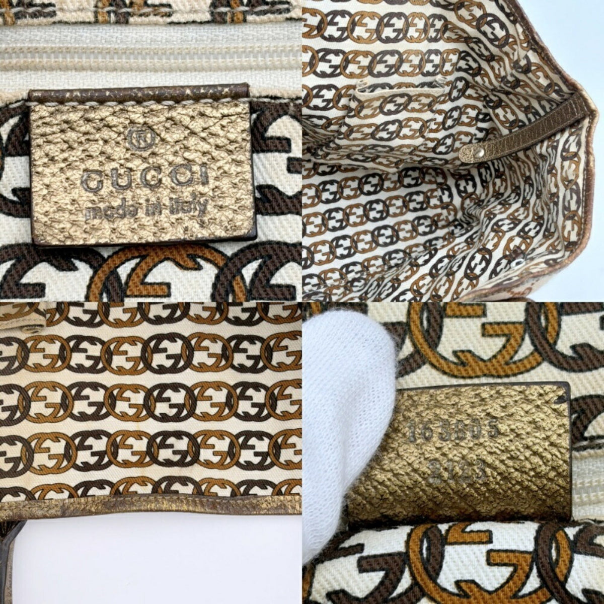 Gucci Beige Gold Gg Canvas Leather Shoulder Bag Tote Bag (Pre-Owned)