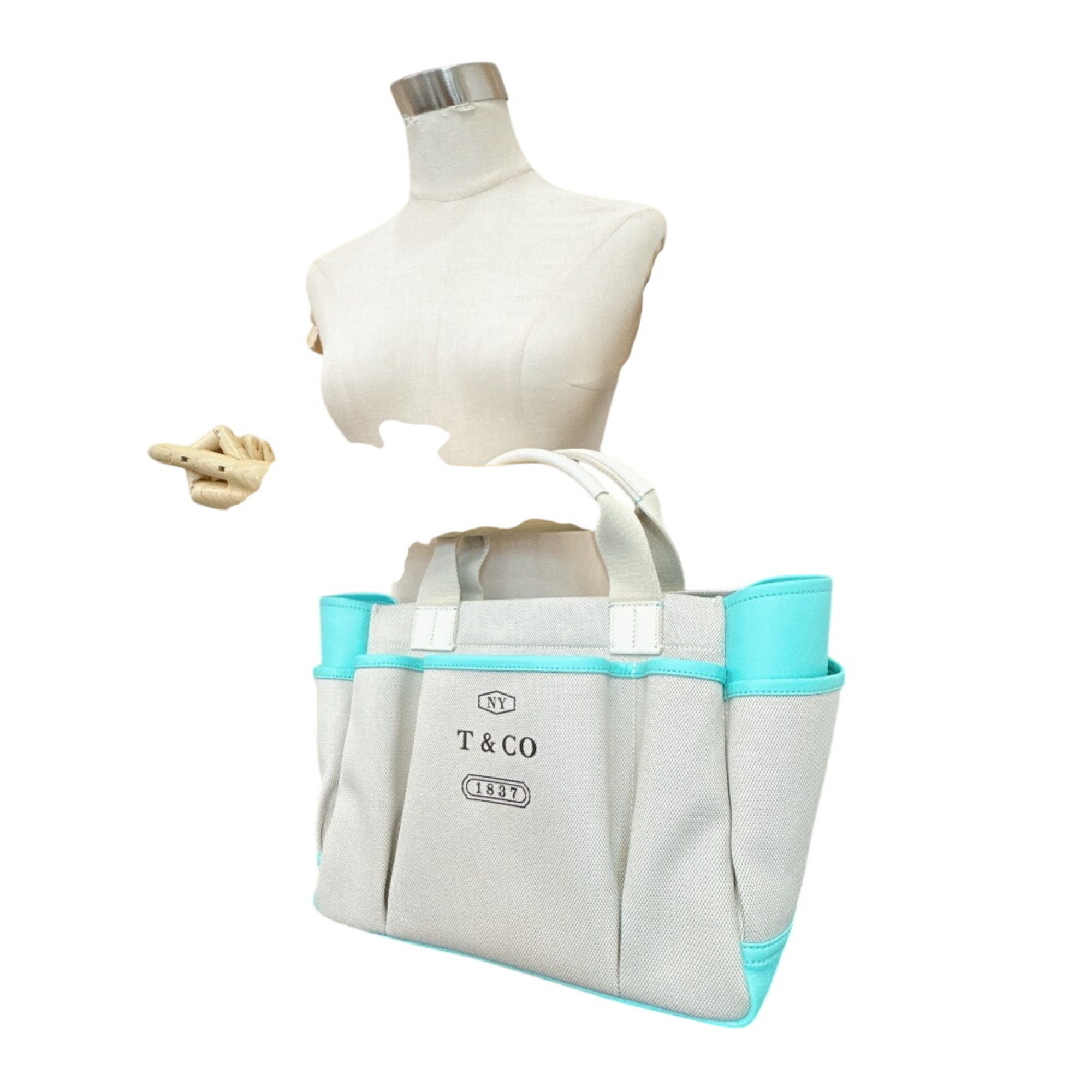 Tiffany Gray Green White Canvas Leather Handbag Tote Bag (Pre-Owned)