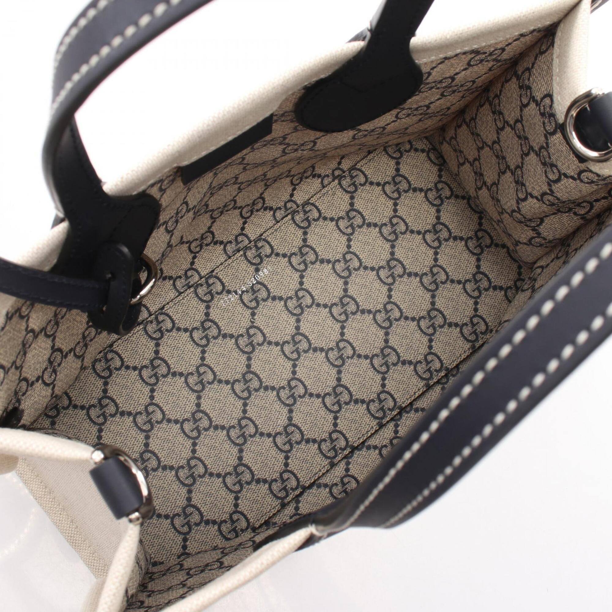 Gucci Navy White Canvas Leather Handbag Pouch Tote Bag (Pre-Owned)