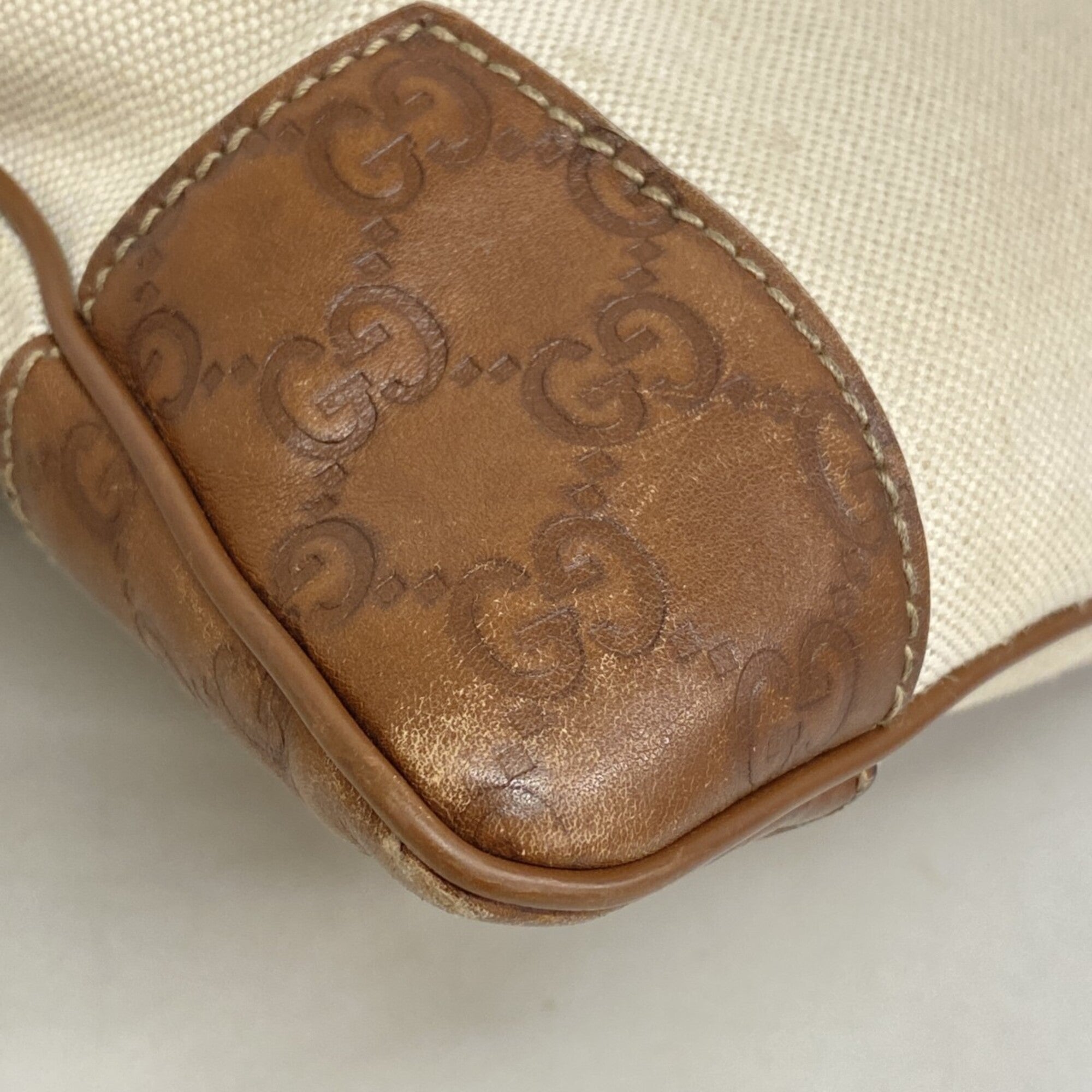 Gucci Beige Brown Canvas Leather Shoulder Bag (Pre-Owned)