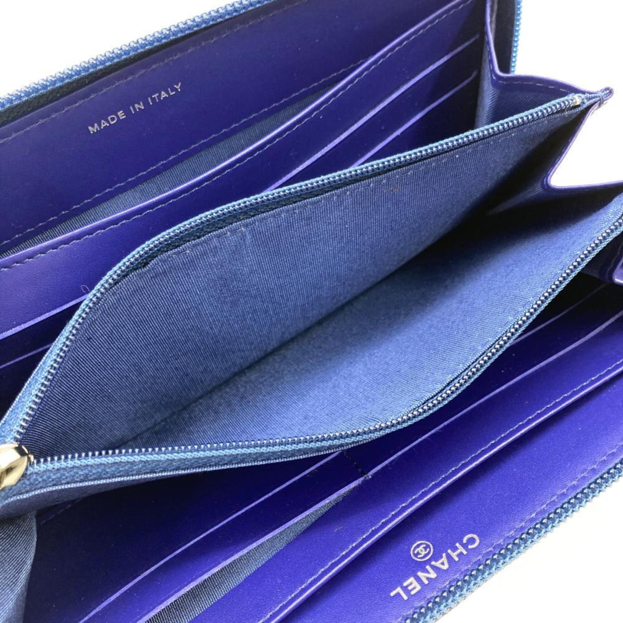 Chanel Blue Leather Long Wallet (Bi-Fold) (Pre-Owned)