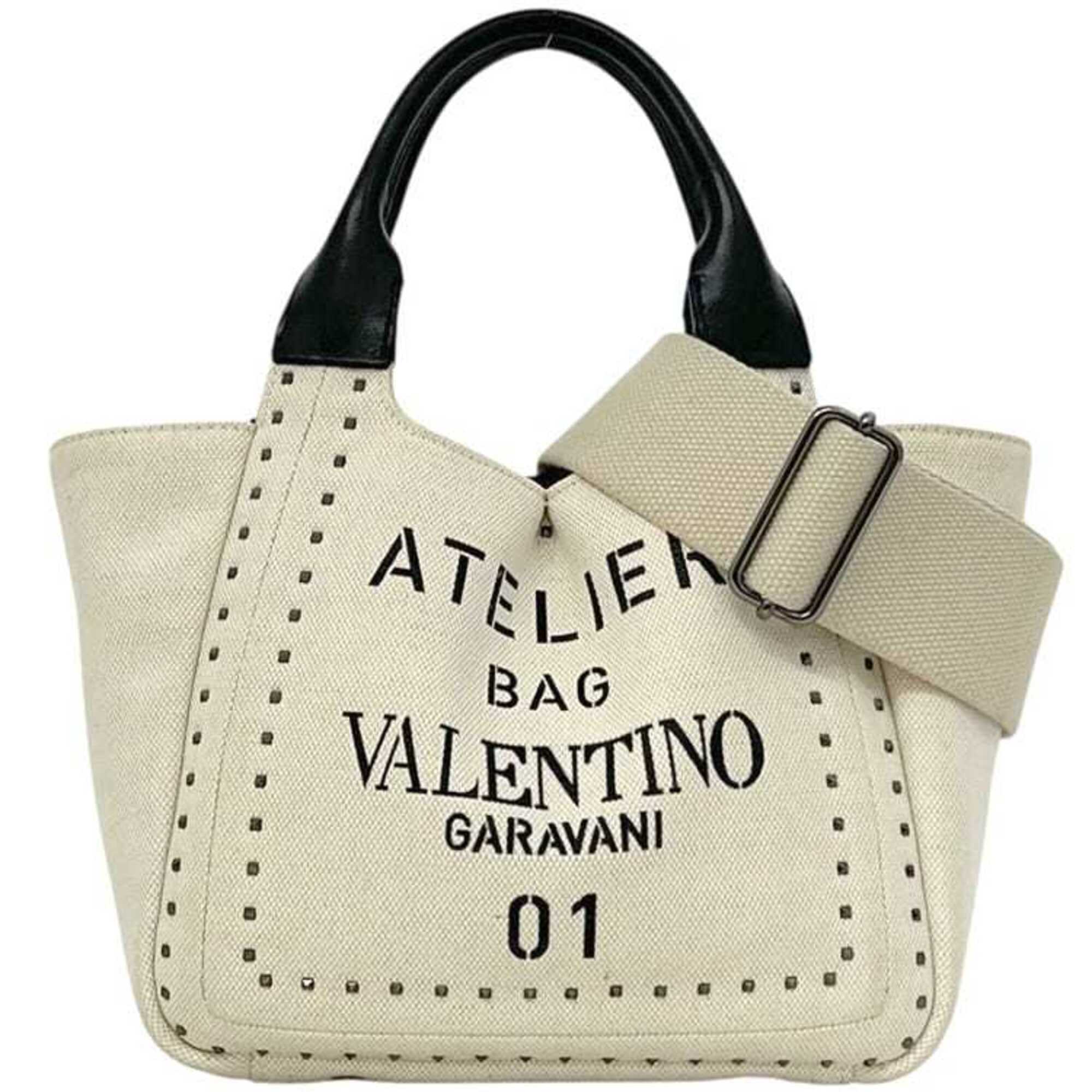 Valentino Garavani Beige Black Canvas Leather Handbag Shoulder Bag (Pre-Owned)