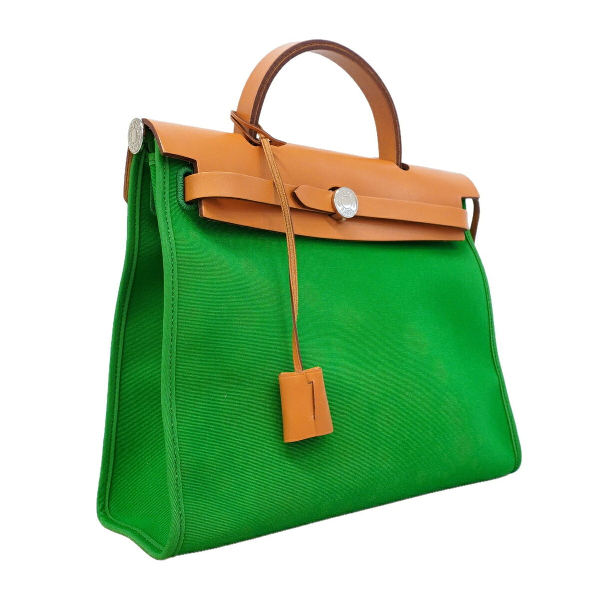 Hermes Green Natural Toile Officier Handbag (Pre-Owned)