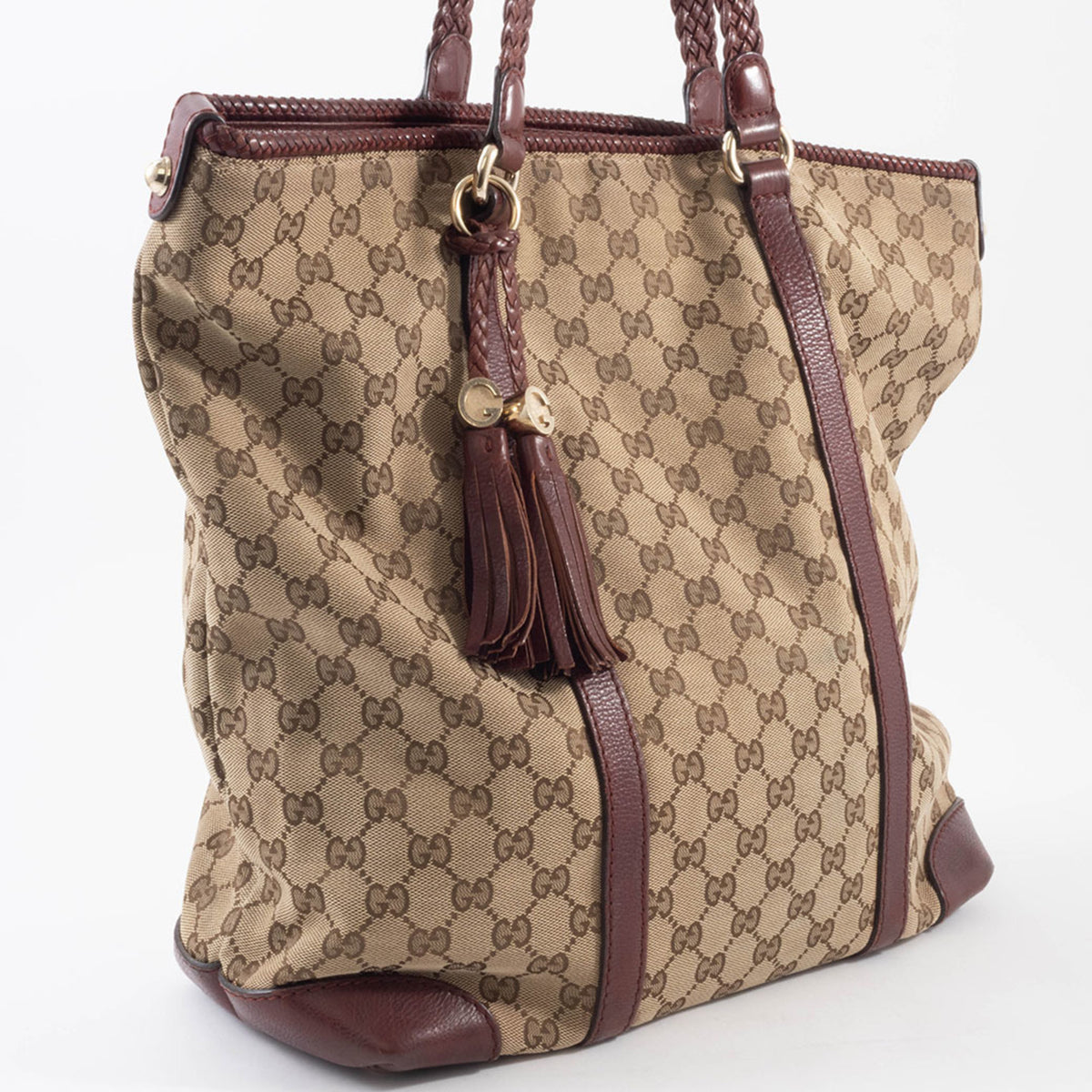 Gucci Gg Canvas Beige Brown Gg Canvas Leather Tote Bag (Pre-Owned)