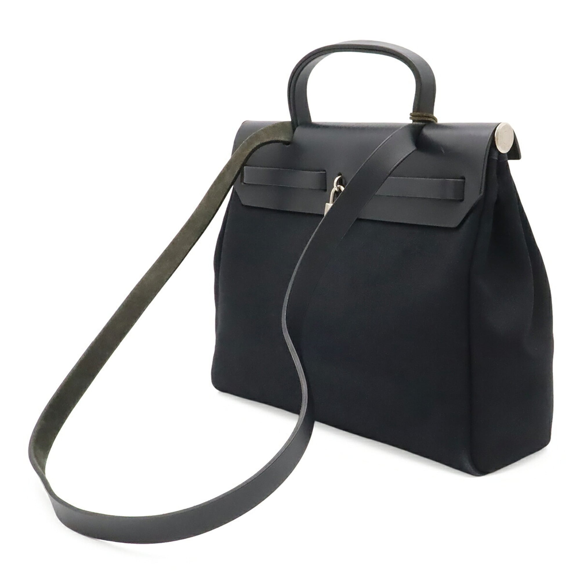 Hermes Black Natural Toile Officier Toile H Leather Handbag Shoulder Bag (Pre-Owned)