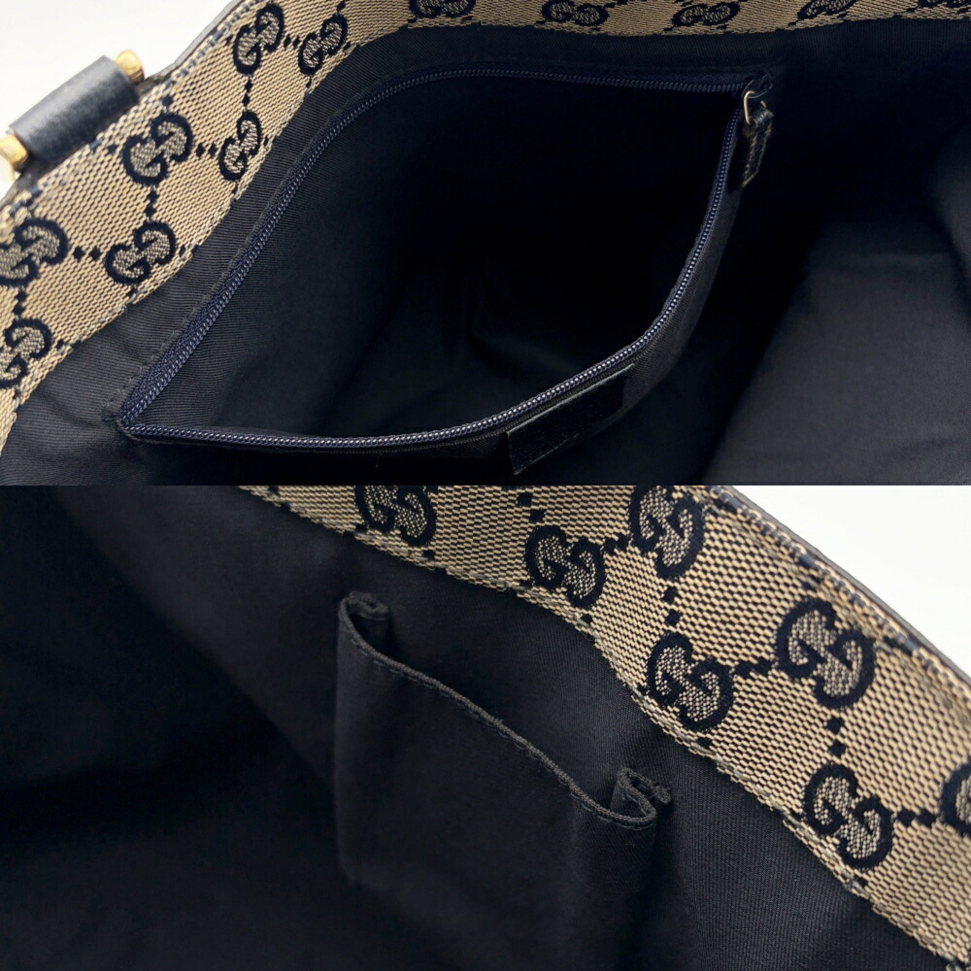 Gucci Navy Leather Canvas Tote Bag (Pre-Owned)