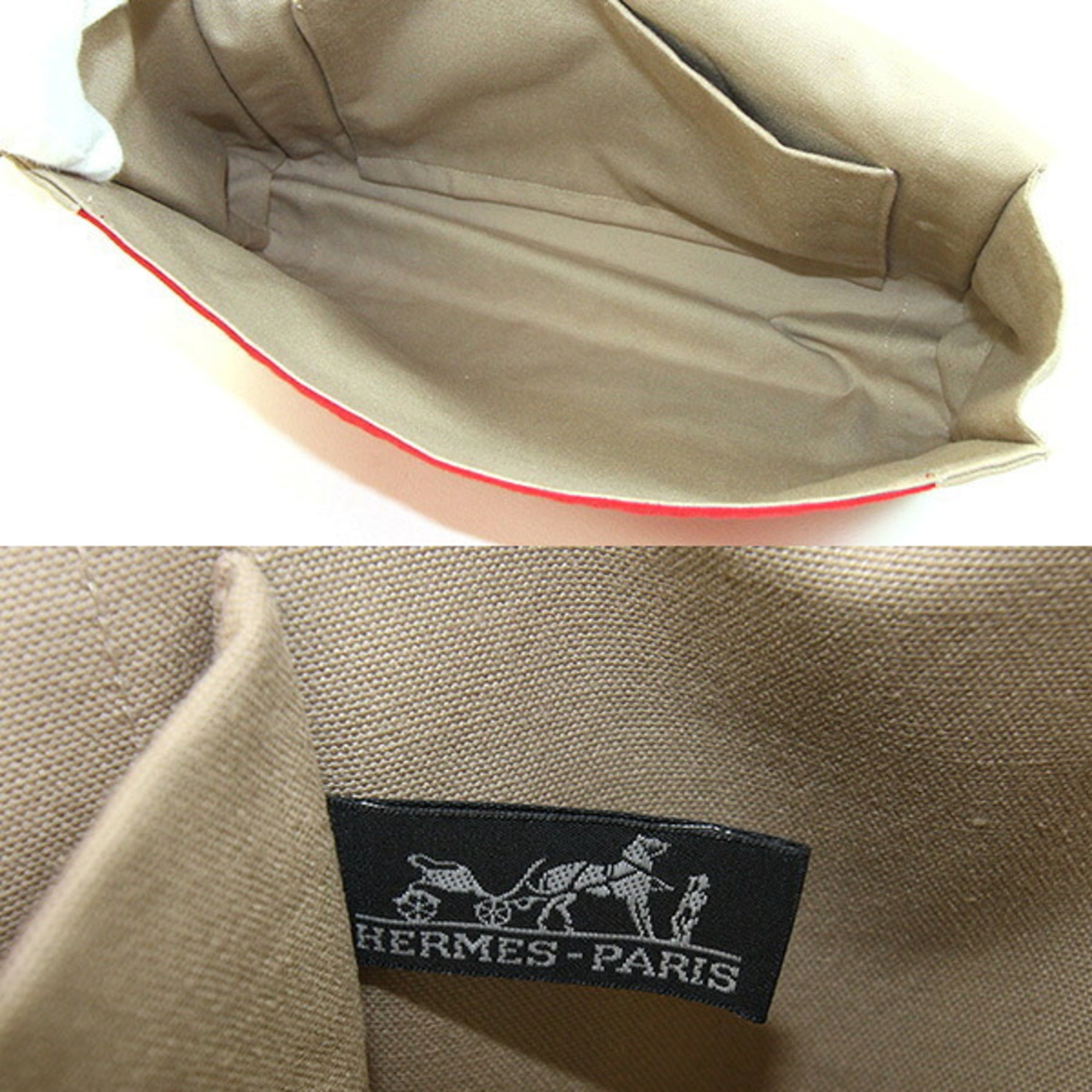 Hermes Beige Red Color Canvas Clutch Bag Pouch (Pre-Owned)