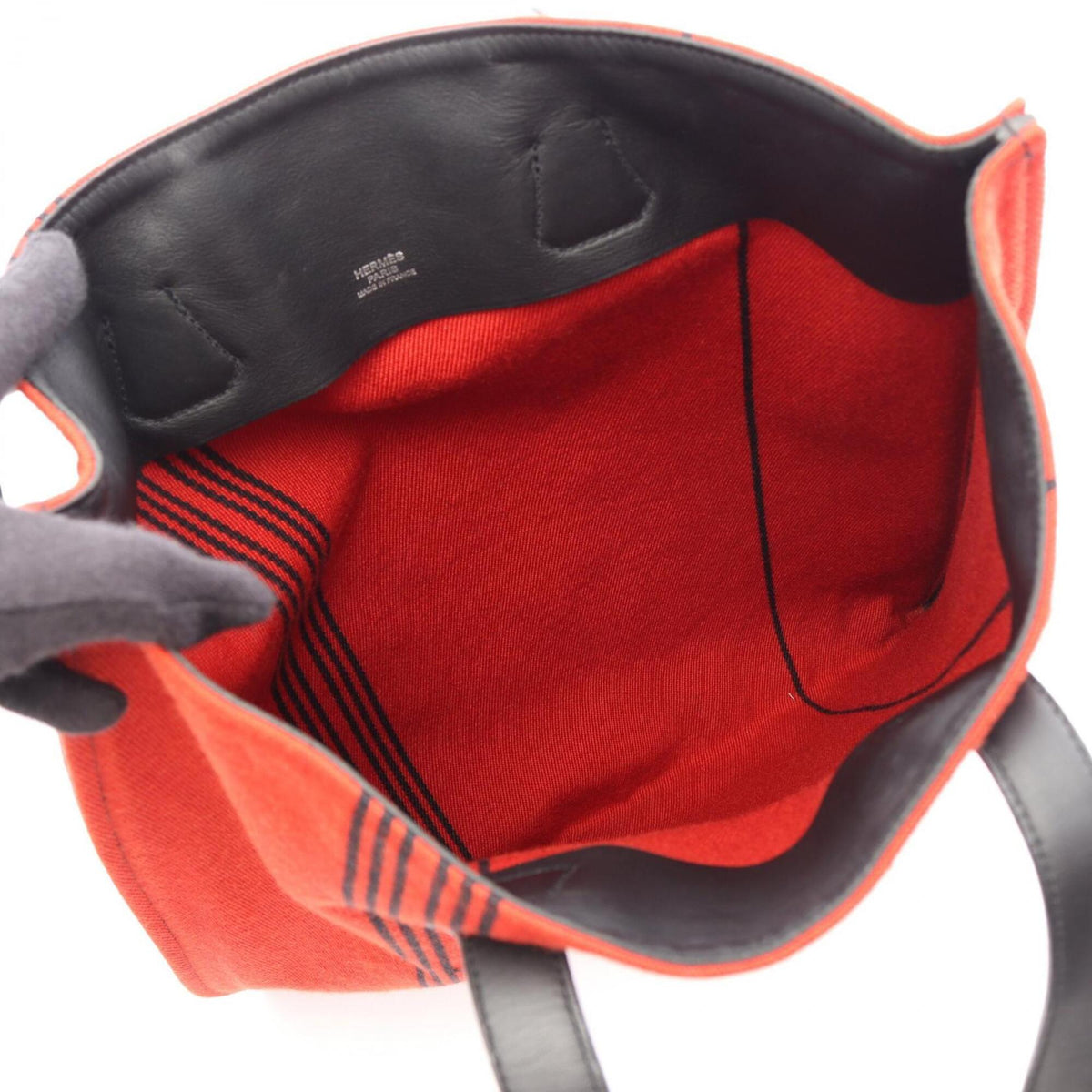 Hermes Black Red Color Canvas Swift Leather Handbag Tote Bag (Pre-Owned)