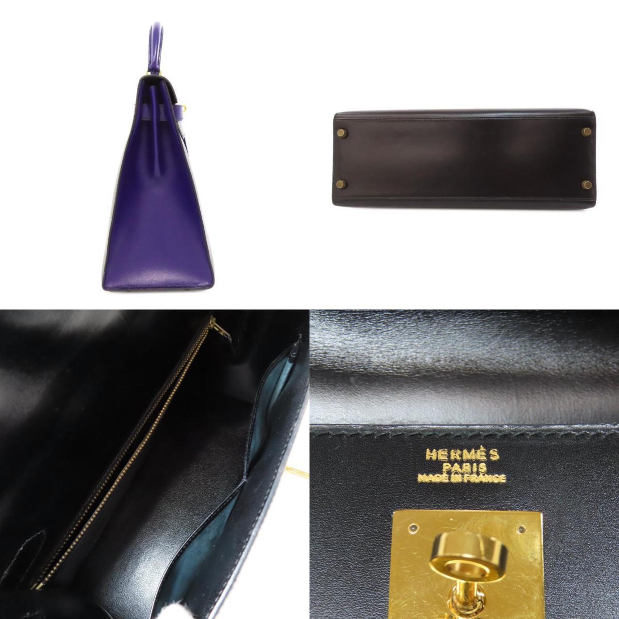 Hermes Kelly Black Bleu Saphir Box Calf Leather Handbag (Pre-Owned)