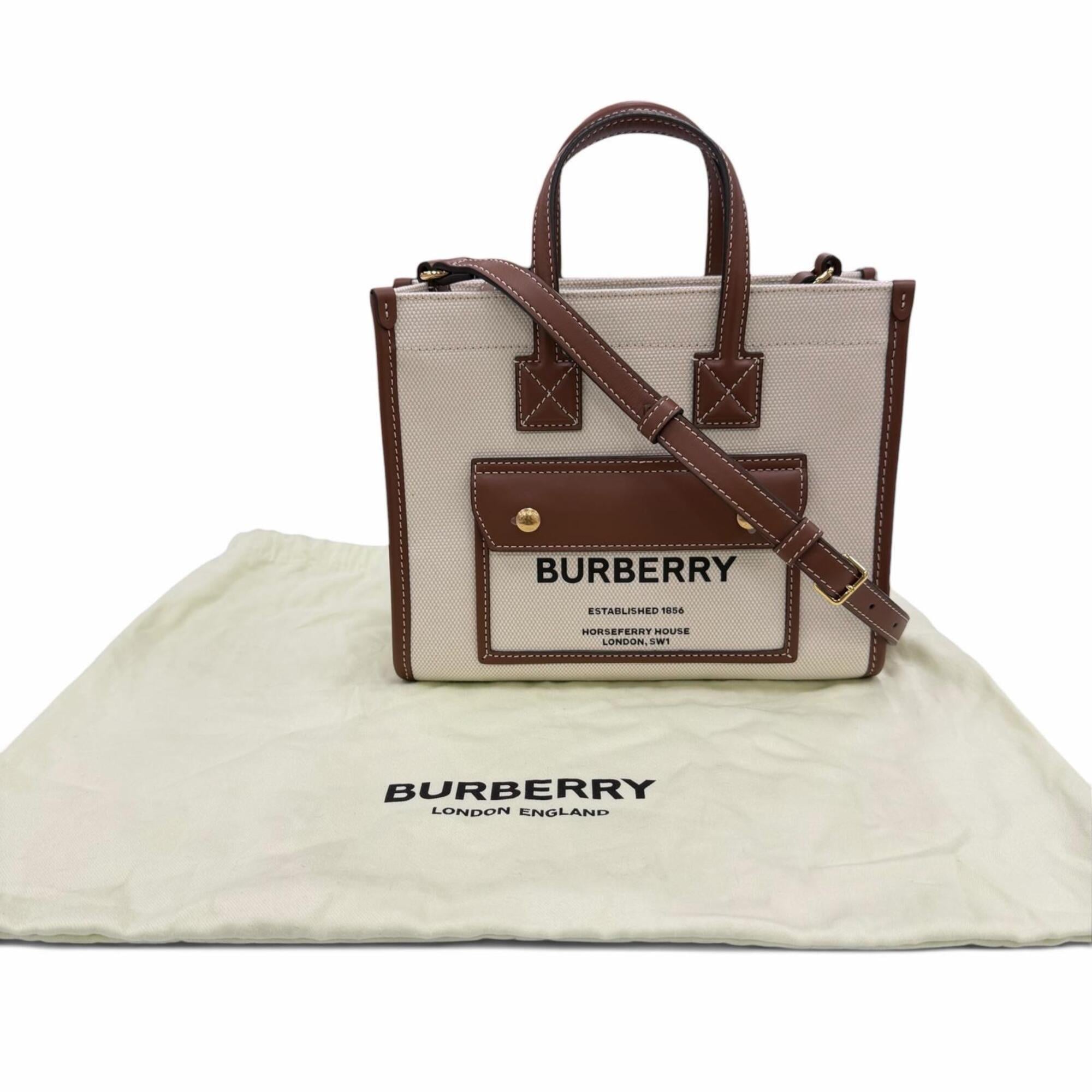 Burberry Brown Ivory Canvas Leather Shoulder Bag Tote Bag (Pre-Owned)