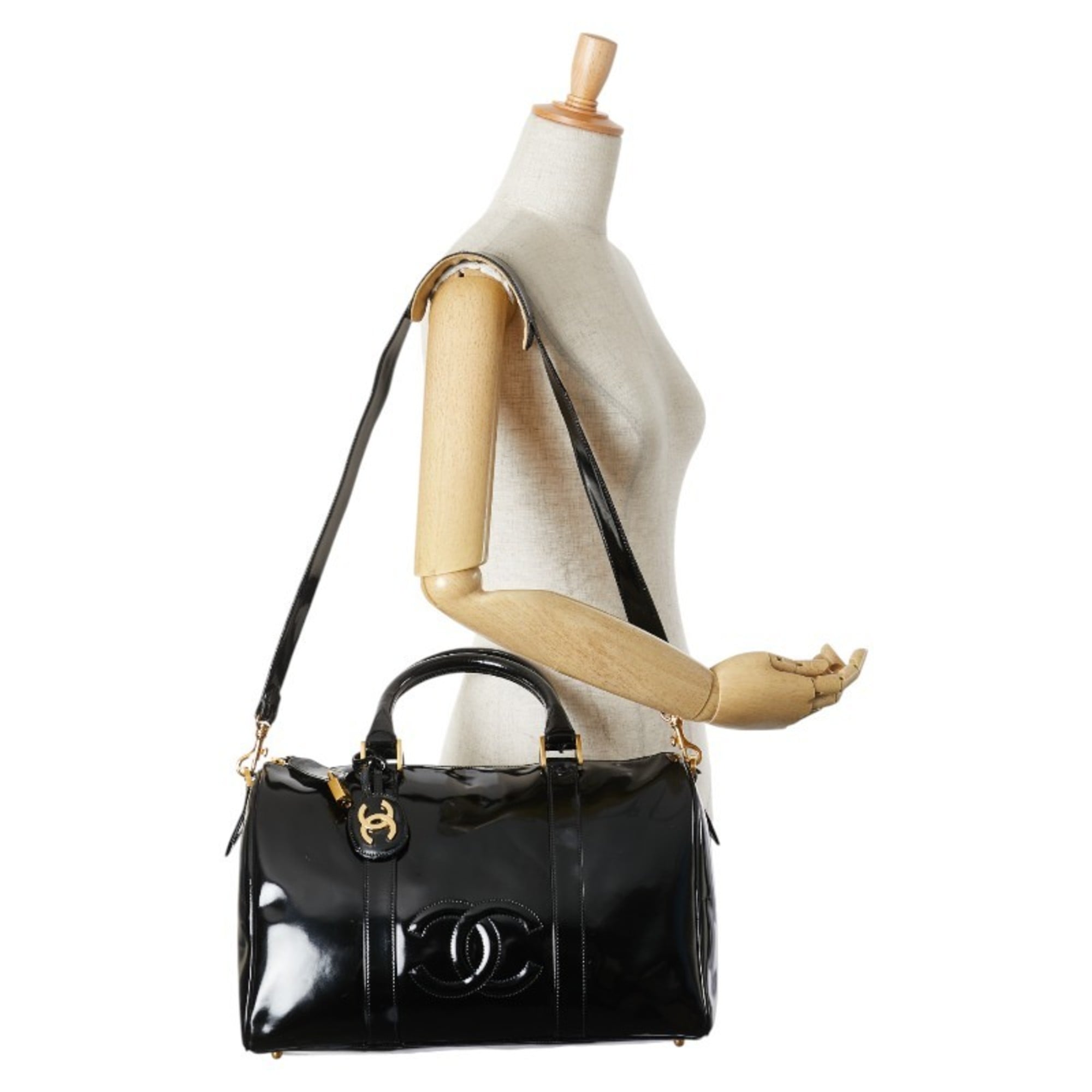 Chanel Black Patent Leather Boston Bag Shoulder Bag (Pre-Owned)