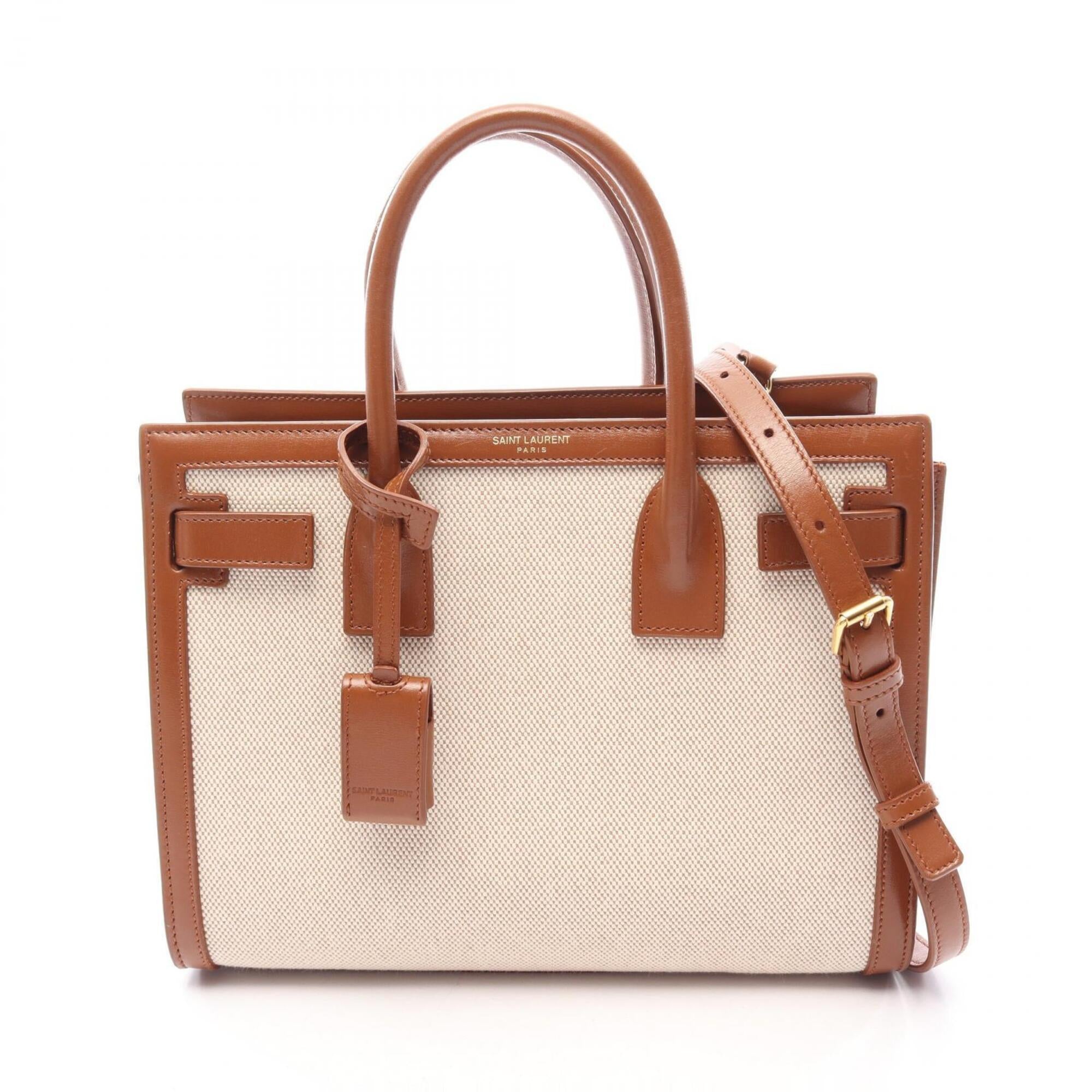 Saint Laurent Brown Ivory Canvas Leather Handbag (Pre-Owned)