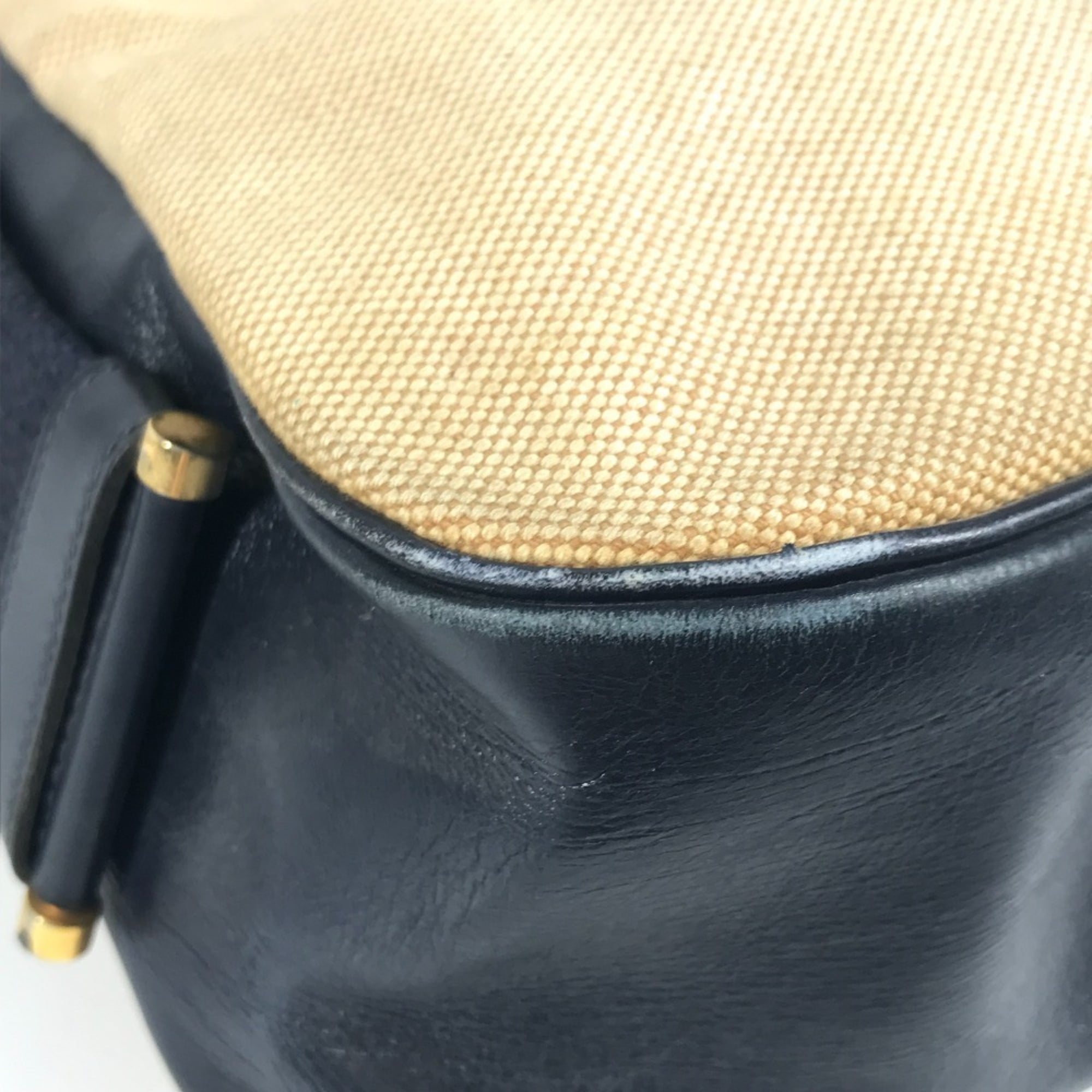 Hermes Beige Navy Leather Canvas Shoulder Bag (Pre-Owned)