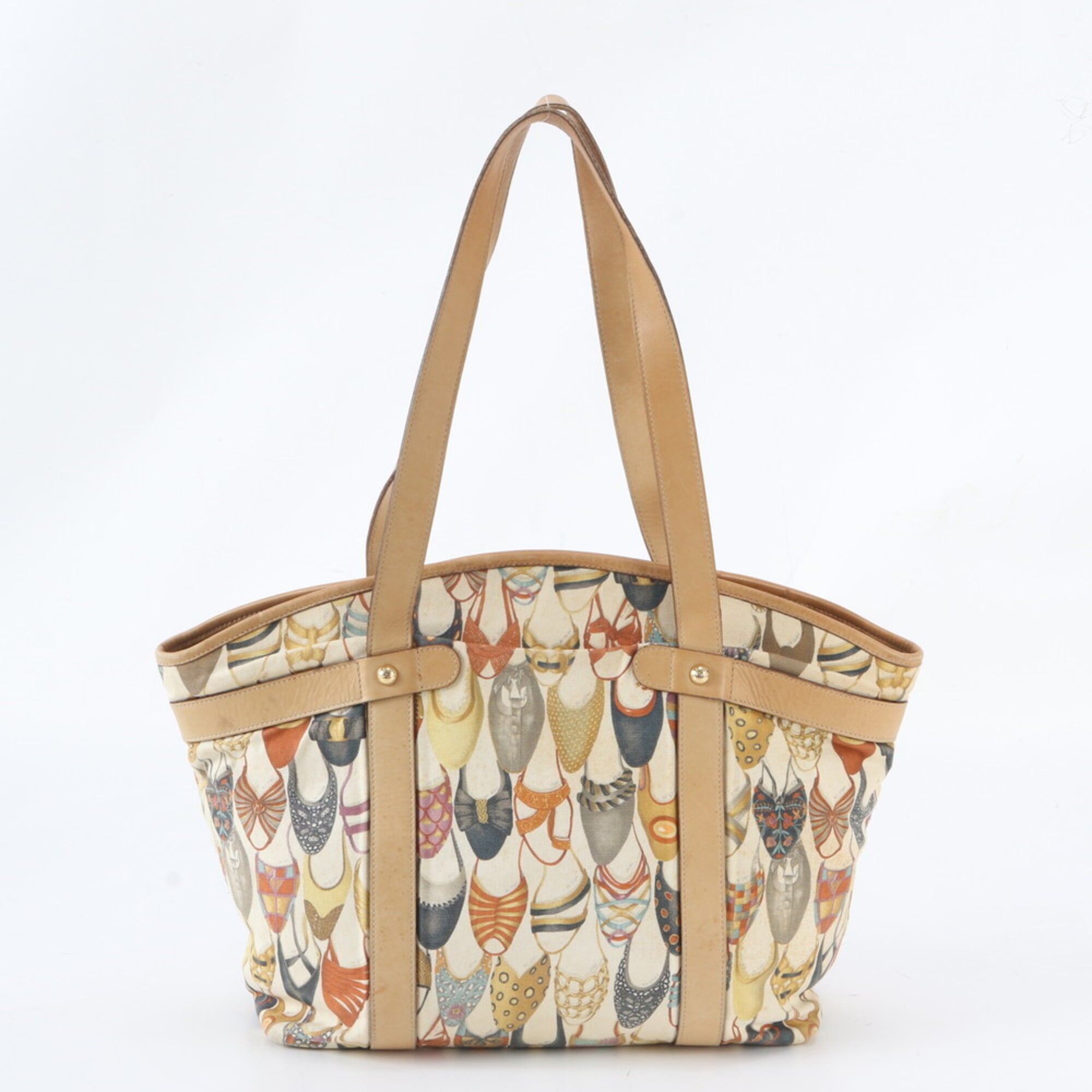 Salvatore Ferragamo Beige Leather Canvas Handbag Shoulder Bag Tote Bag (Pre-Owned)