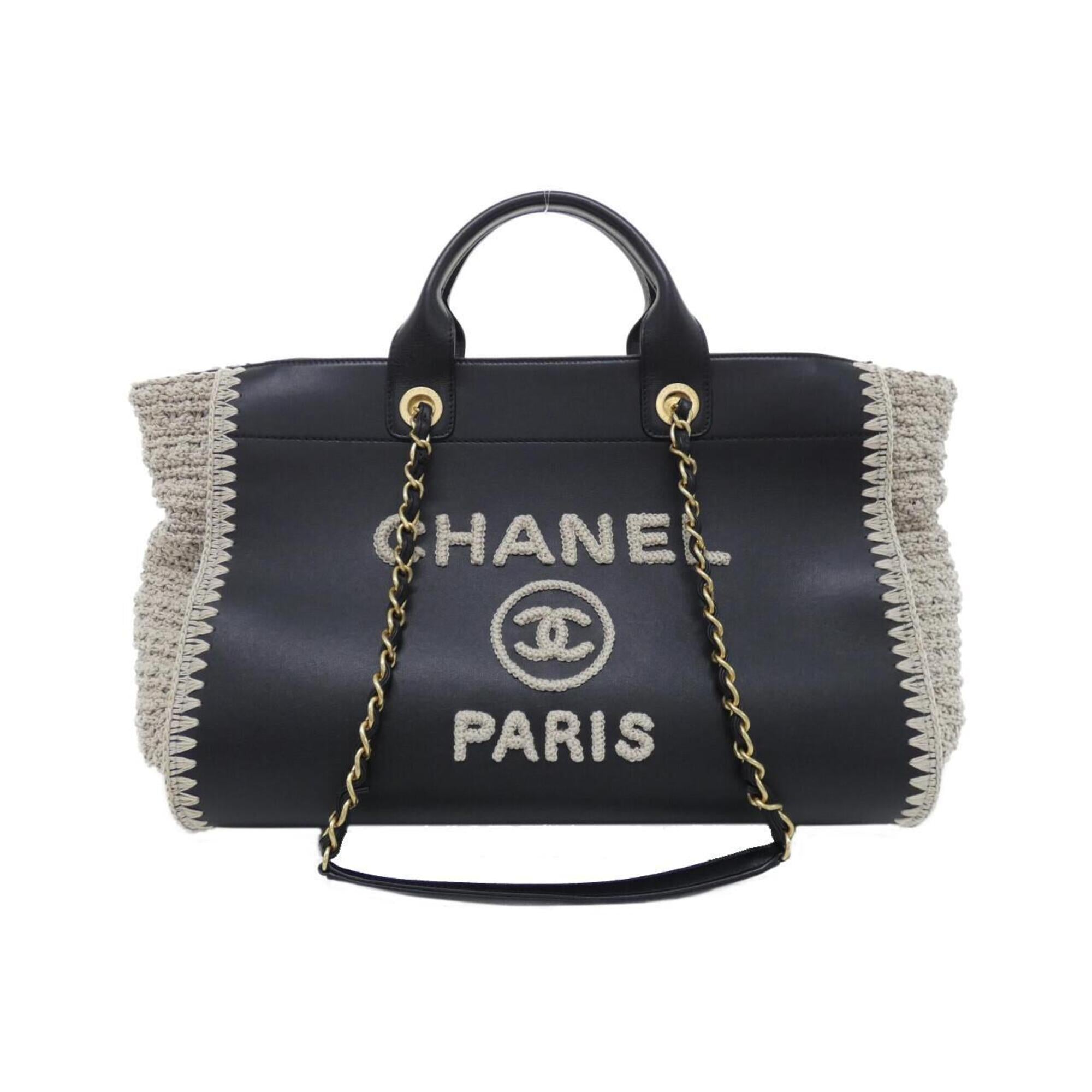 Chanel Black Gray Leather Knit Handbag (Pre-Owned)