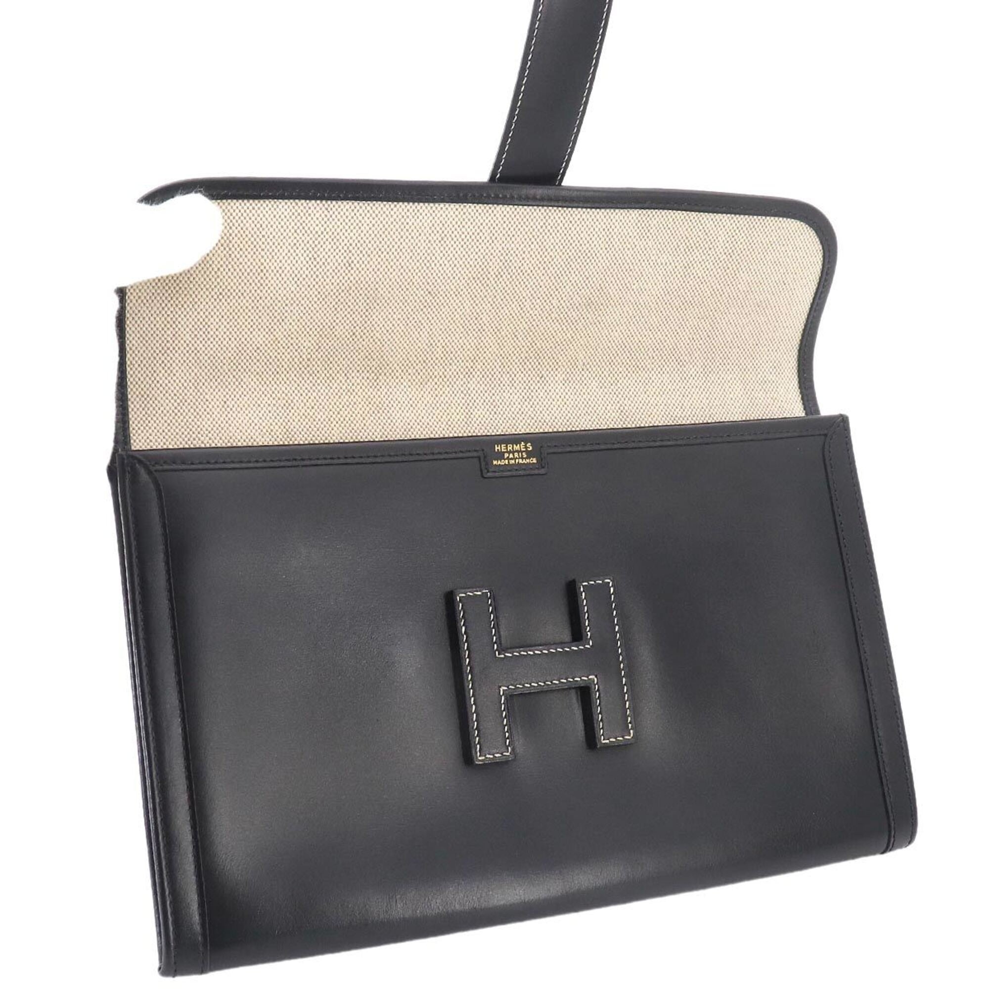 Hermes Jige Black Box Calf Leather Clutch Bag Handbag (Pre-Owned)