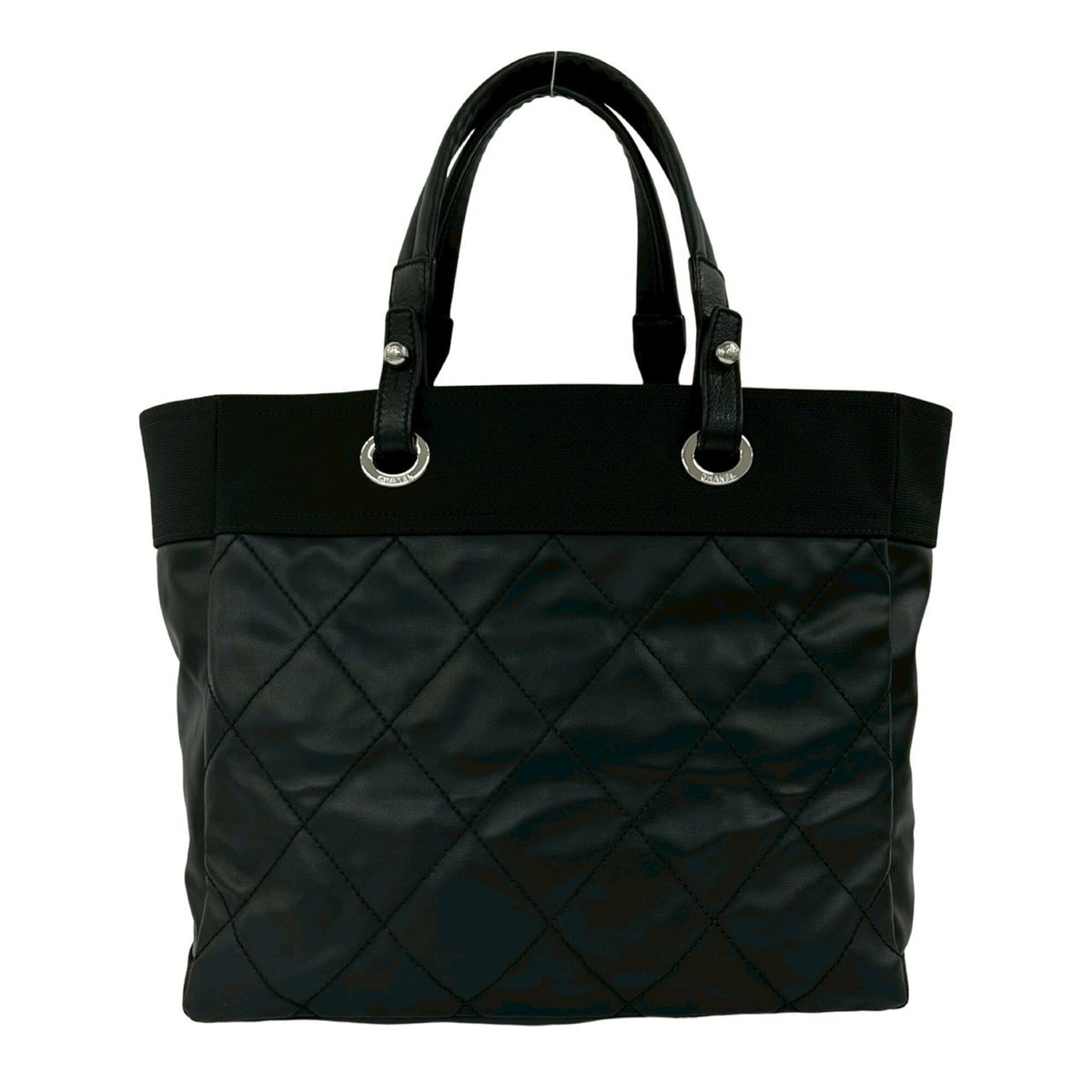 Chanel Black Leather Canvas Handbag Tote Bag (Pre-Owned)