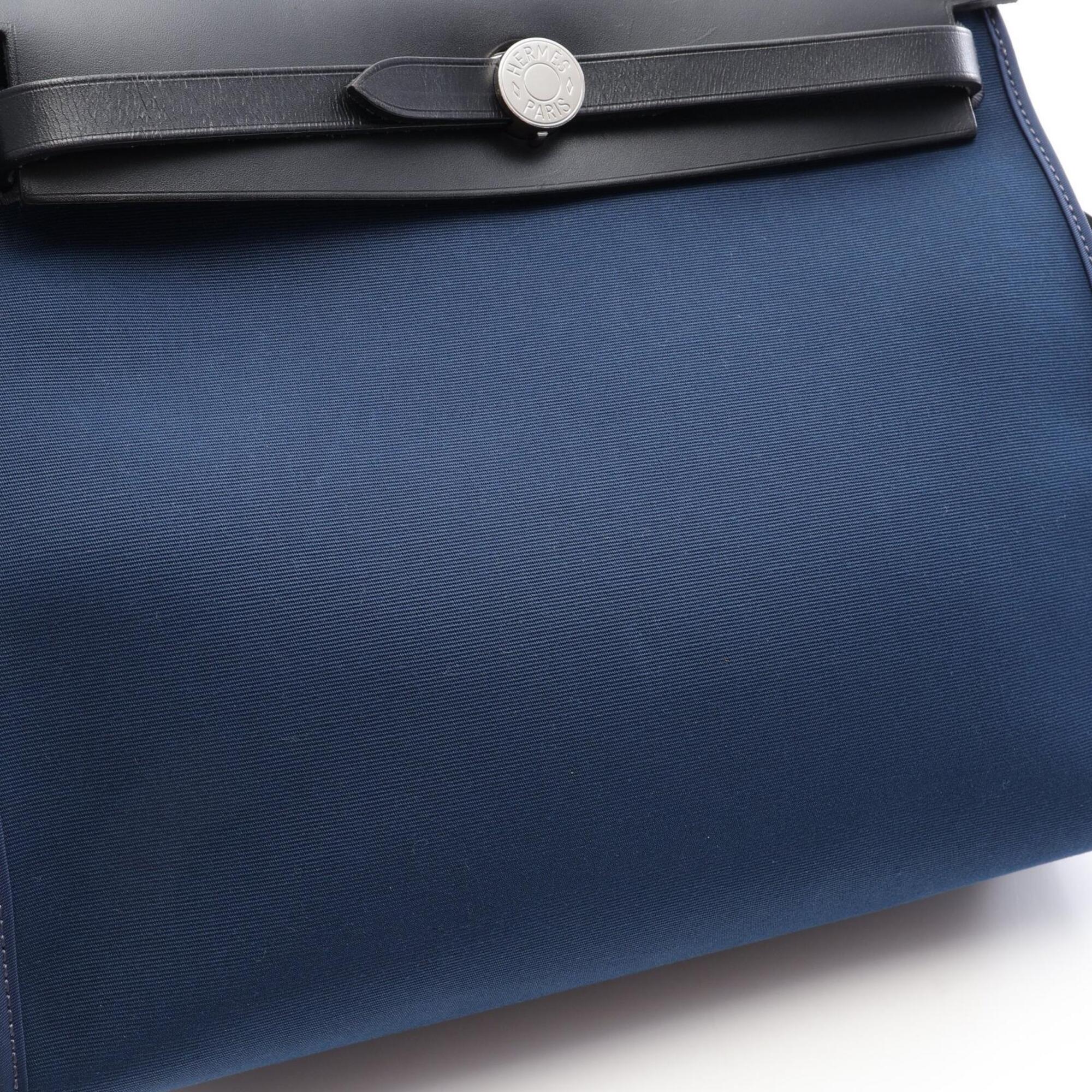 Hermes Black Navy Canvas Leather Handbag (Pre-Owned)