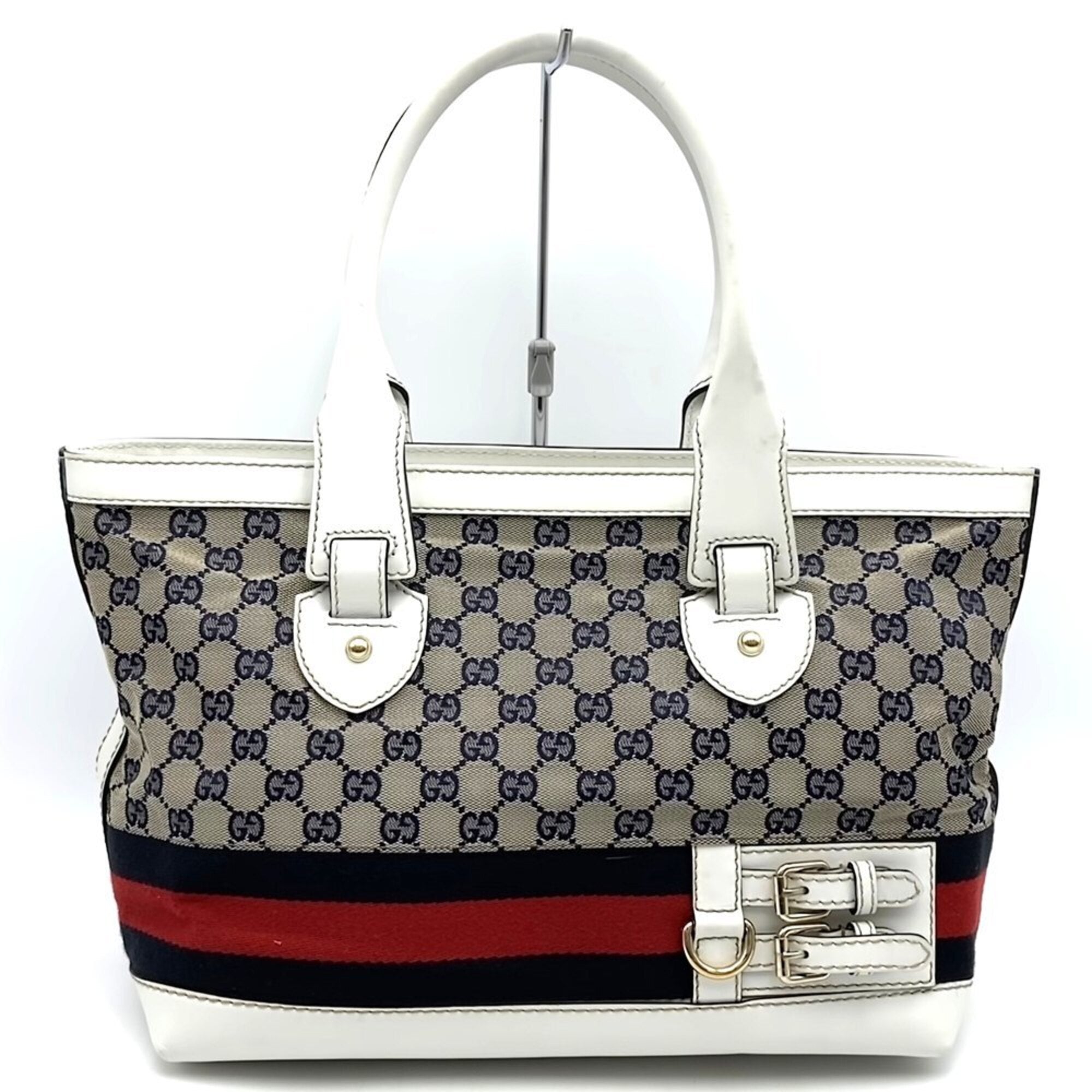 Gucci Beige Navy White Gg Canvas Tote Bag (Pre-Owned)