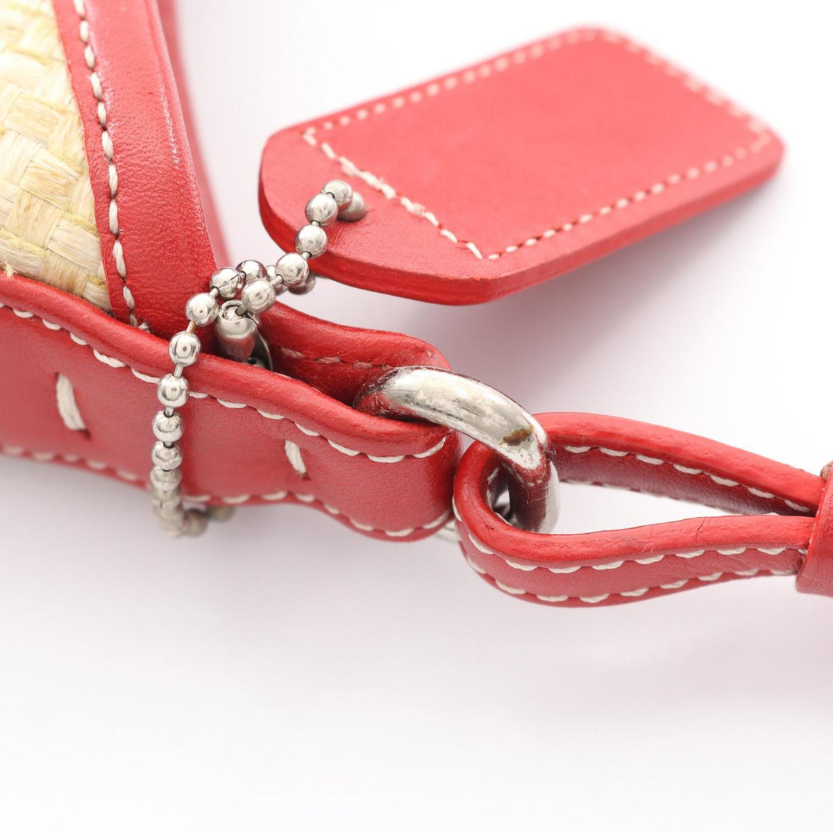 Coach Beige Red Color Raffia Leather Handbag Shoulder Bag (Pre-Owned)