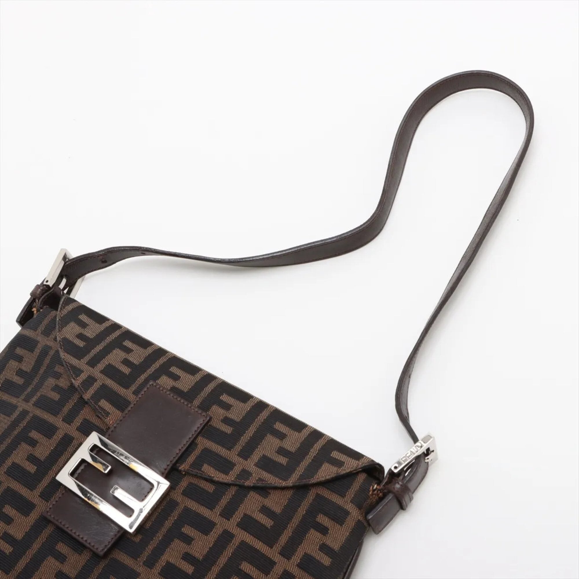Fendi Brown Leather Canvas Handbag Shoulder Bag (Pre-Owned)