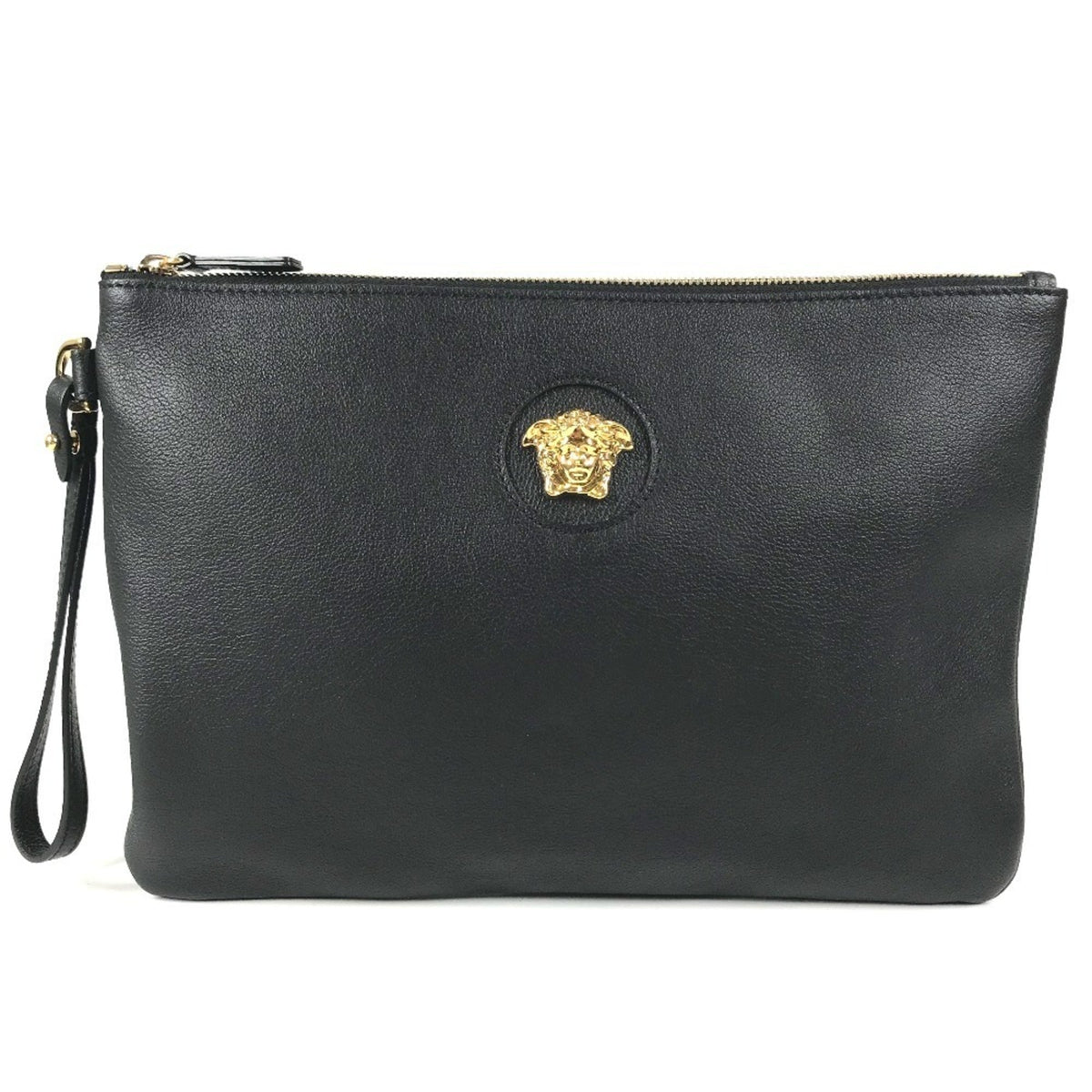 Versace Black Leather Clutch Bag Handbag (Pre-Owned)