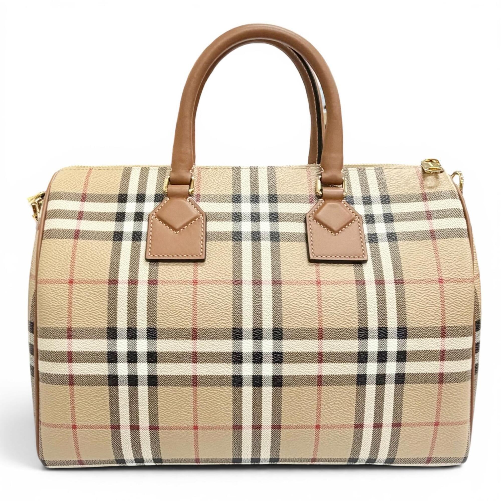 Burberry Beige Brown Leather Cotton Elastane Polyester Boston Bag Shoulder Bag (Pre-Owned)