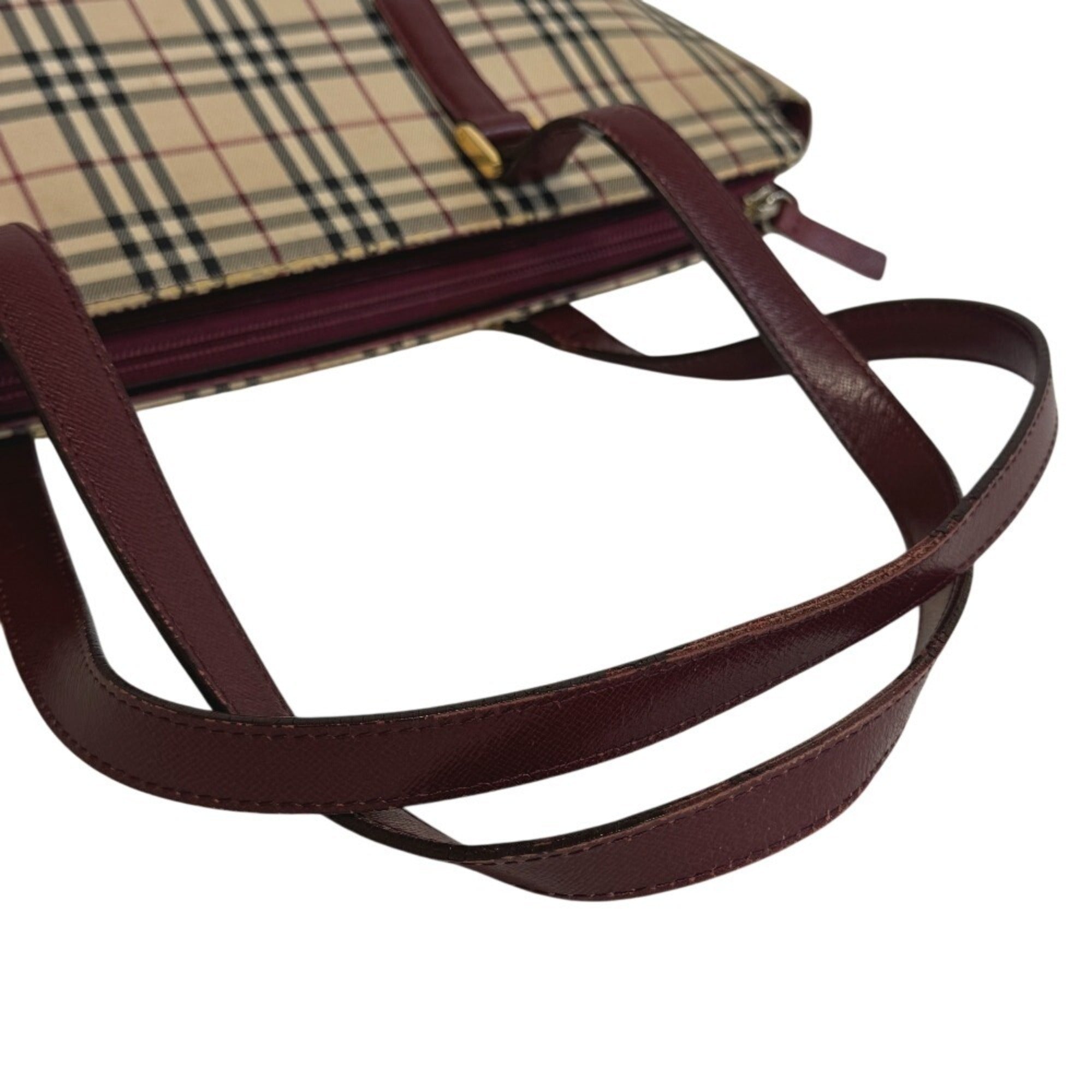 Burberry Beige Bordeaux Canvas Leather Shoulder Bag Tote Bag (Pre-Owned)