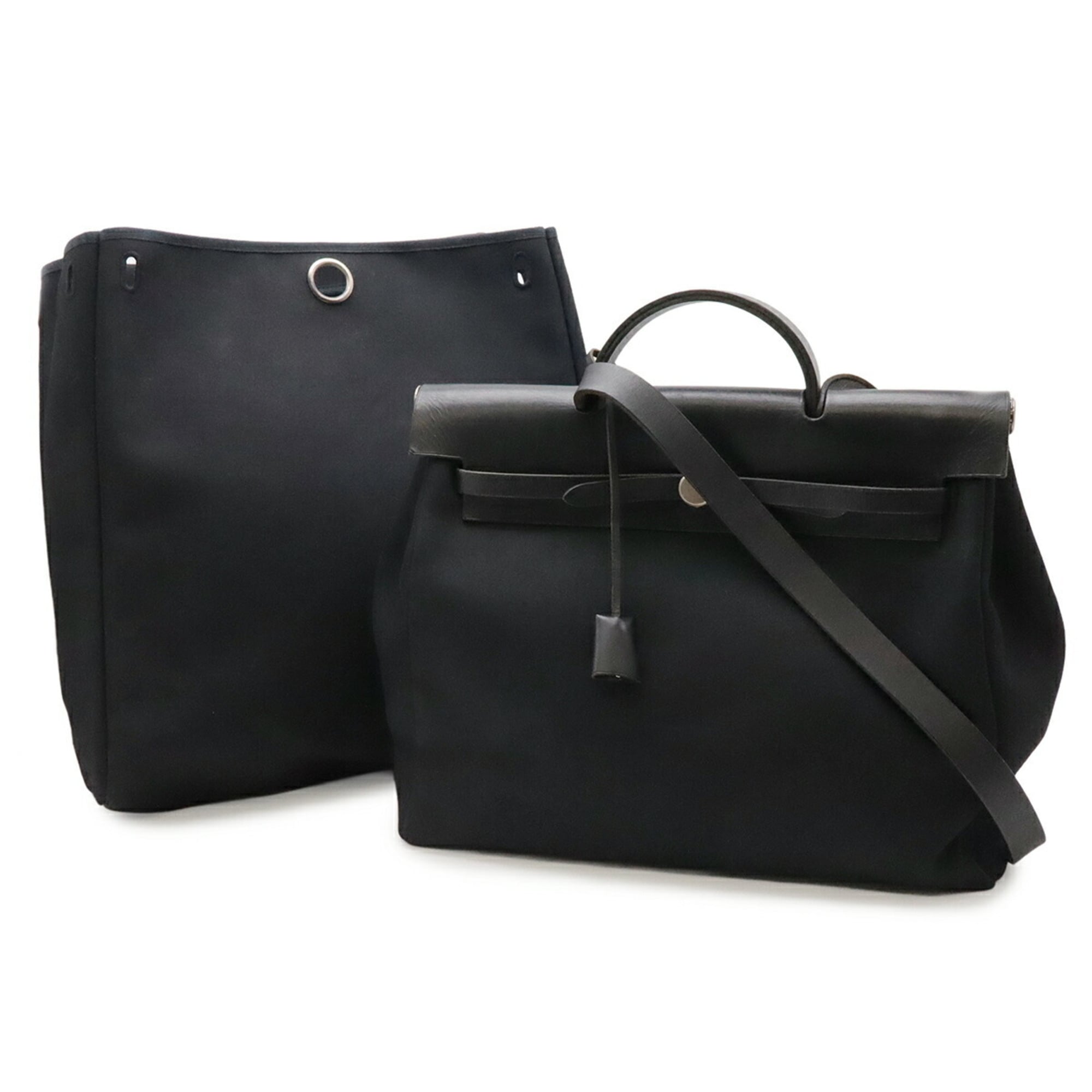 Hermes Her Bag Black Toile Officier Leather Handbag Shoulder Bag (Pre-Owned)