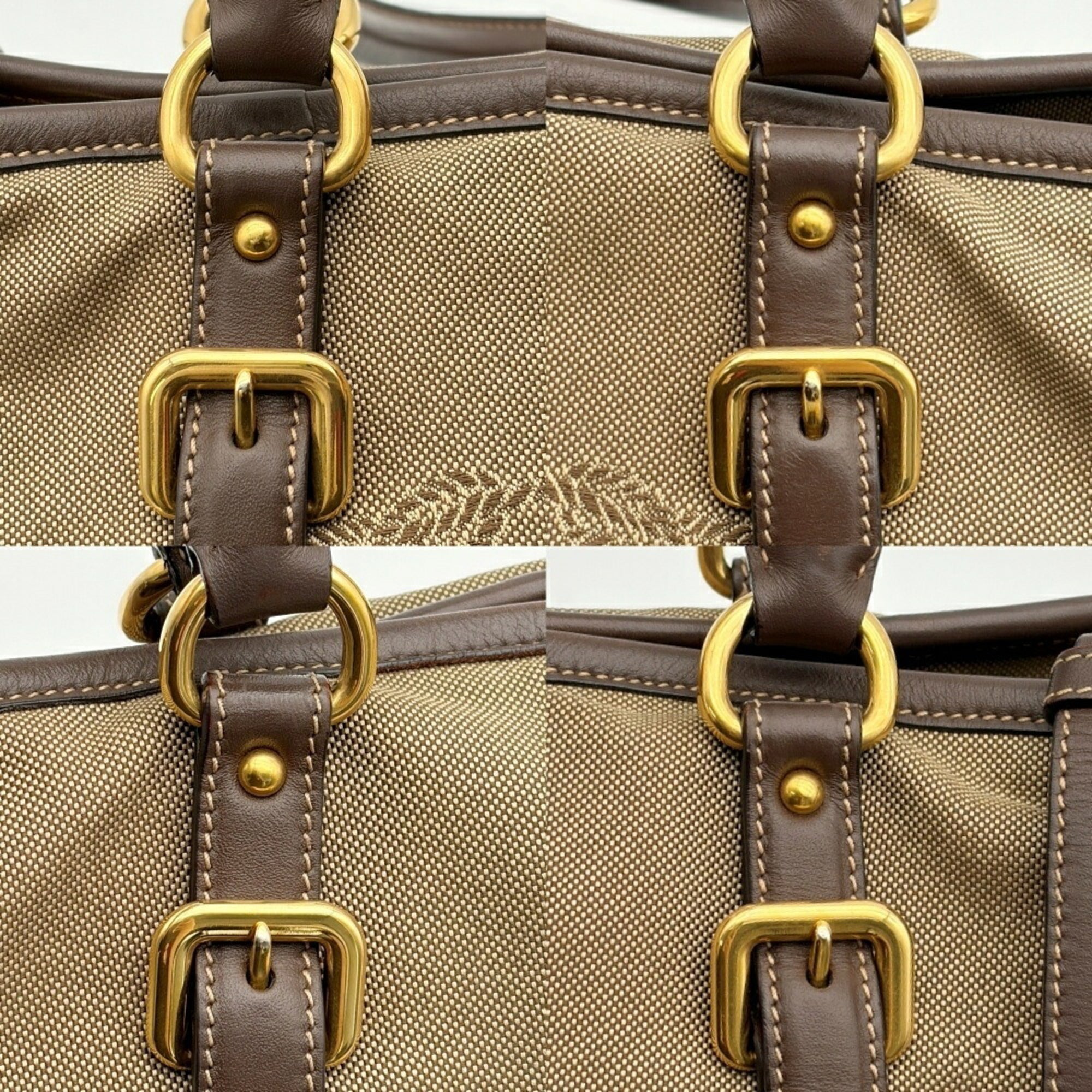 Prada Beige Dark Brown Canvas Leather Tote Bag (Pre-Owned)
