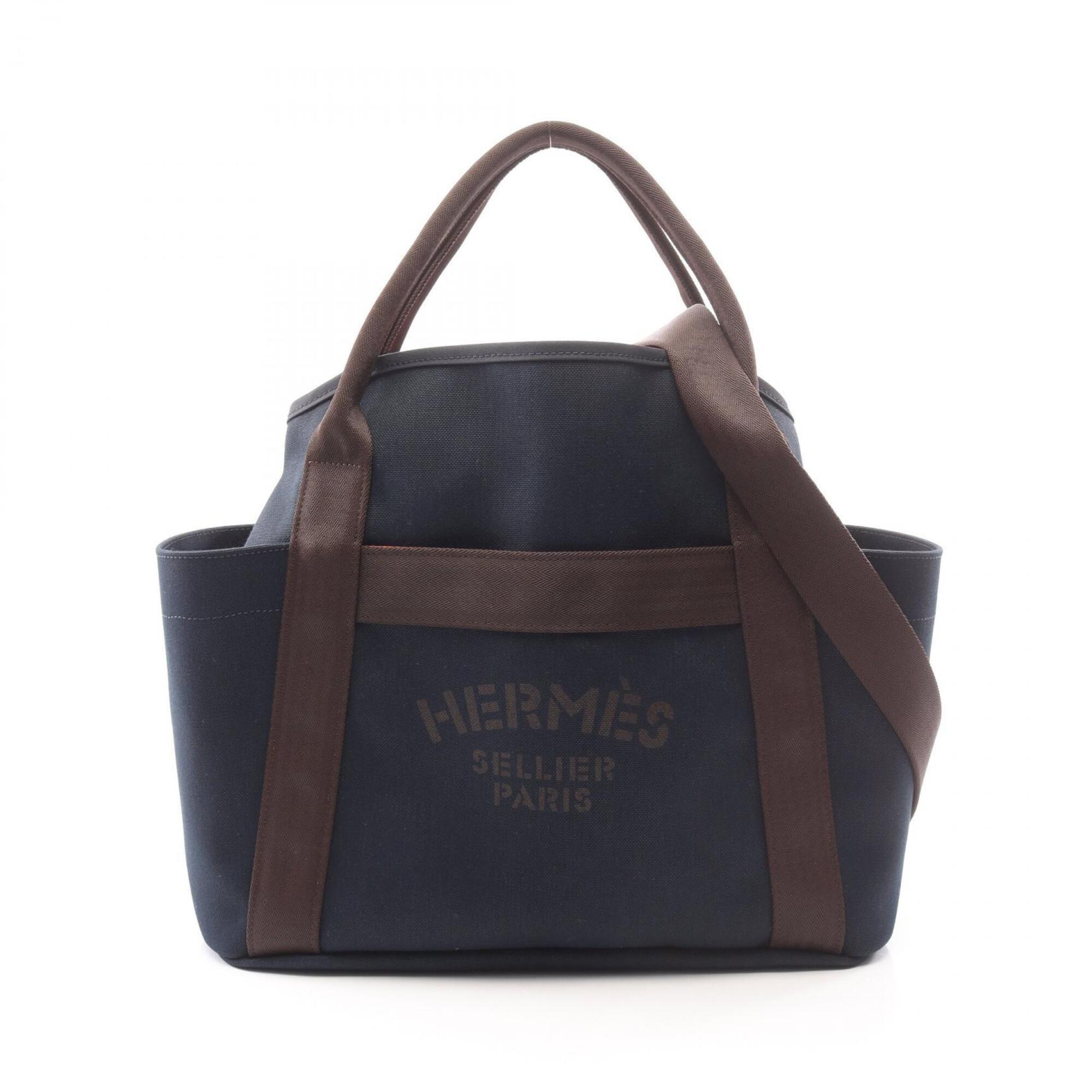 Hermes Brown Navy Canvas Toile Chevron Handbag Tote Bag (Pre-Owned)