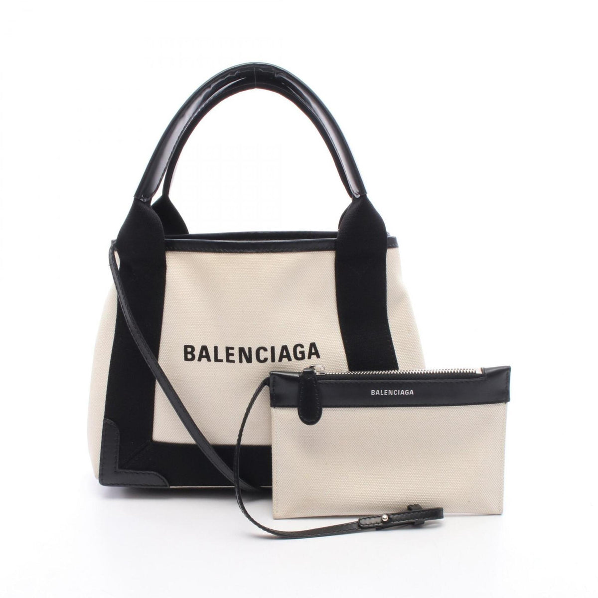 Balenciaga Black Ivory Canvas Leather Handbag Pouch (Pre-Owned)
